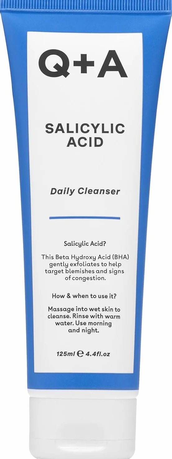 Q+A Detergente Giornaliero con Acido Salicilico – Detergente Esfoliante per Pelle Pura, Combatte Imperfezioni e Congestione dei Porie, Idratante, Vegan, Made in UK, 125ml