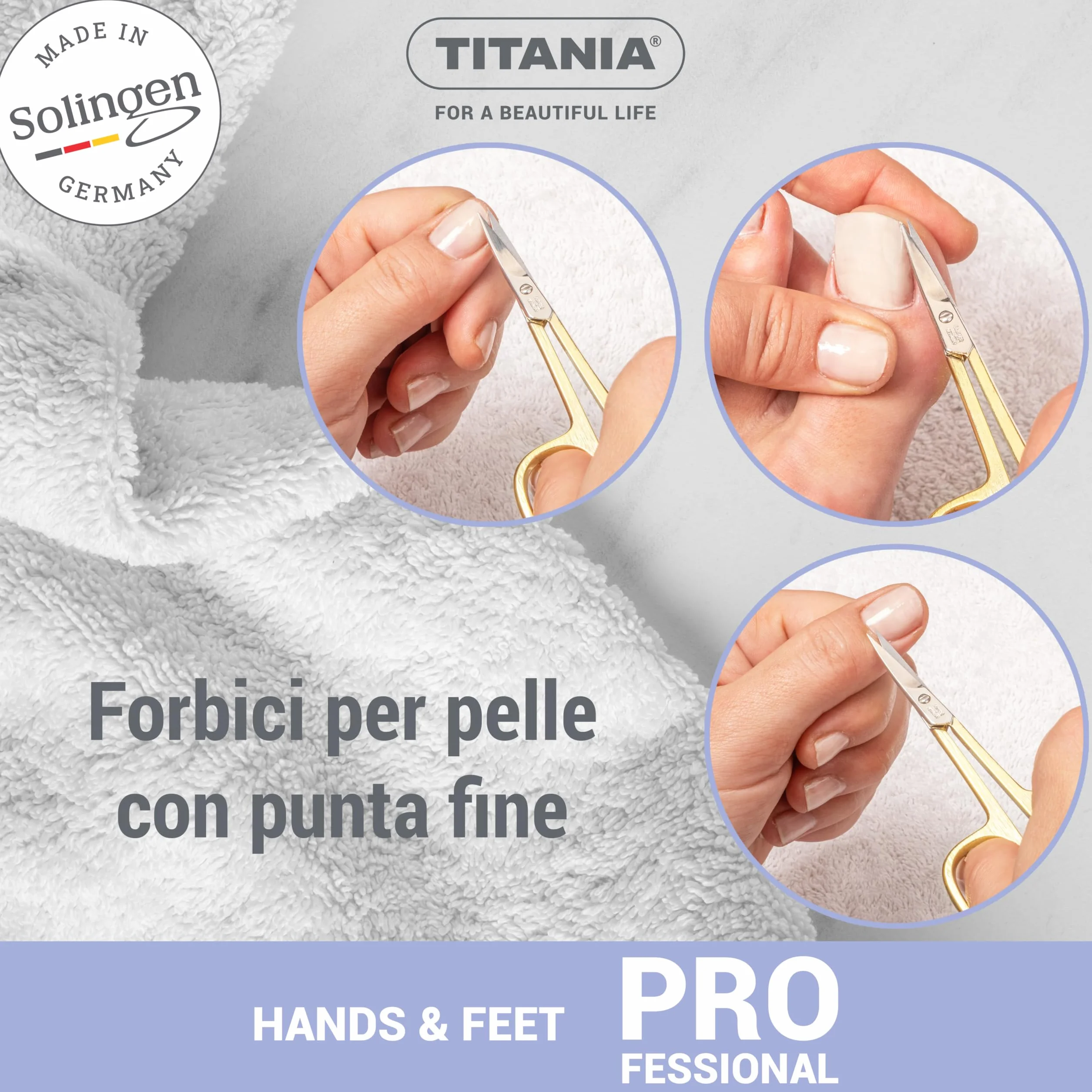 TITANIA Forbici per Cuticole Solingen Punta Sottile Curve Dorate 9,5 cm Acciaio Carbonio Made in Germany