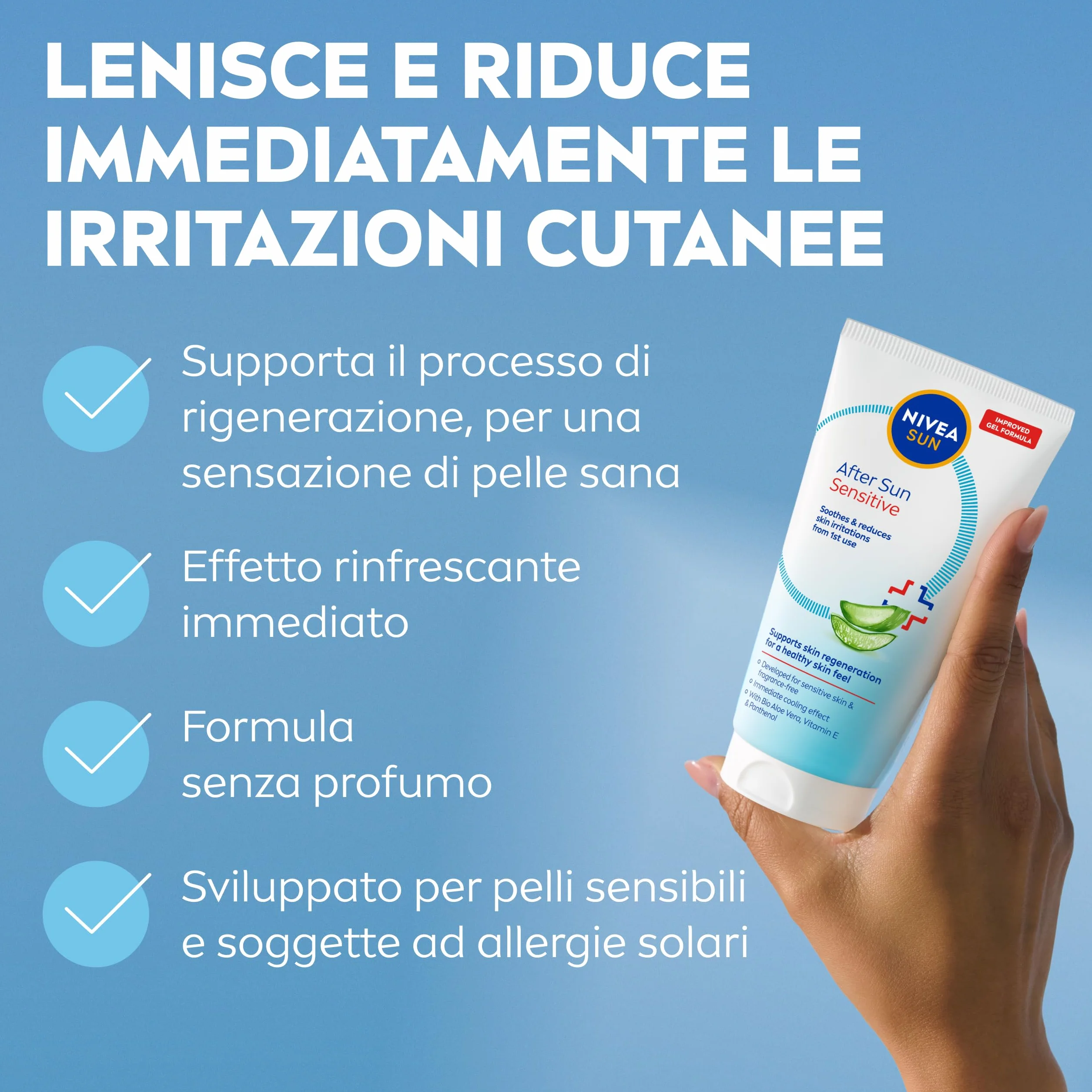 NIVEA SUN Doposole Sensitive 150 ml Aftersun gel idratante lenitivo rinfrescante con Aloe Vera Bio Vitamina E Pantenolo