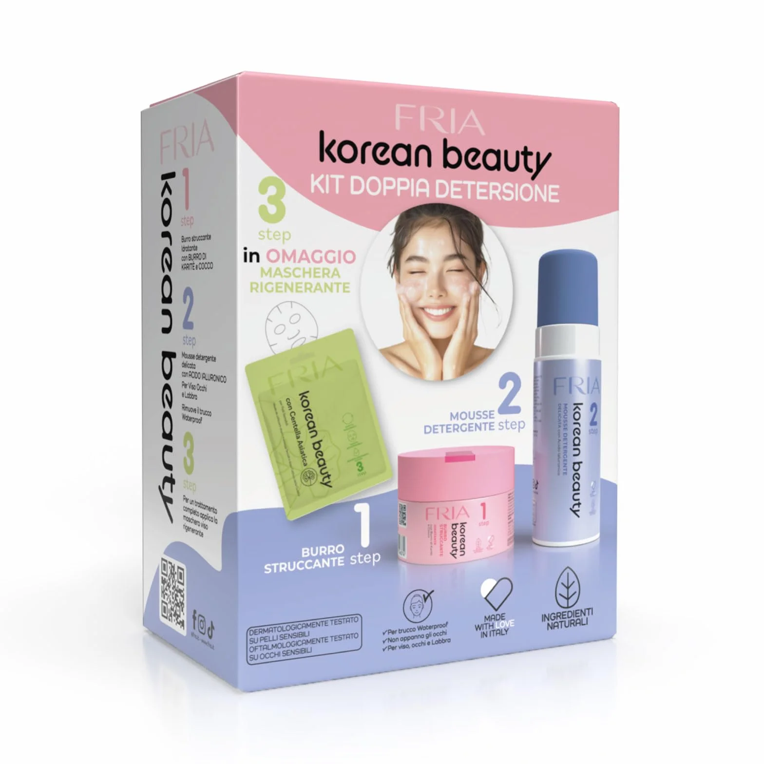 Fria Korean Beauty Kit Doppia Detersione, Burro Struccante Korean Beauty + Mousse Detergente Korean Beauty + Maschera Viso Rigenerante Fria Korean Beauty in Omaggio