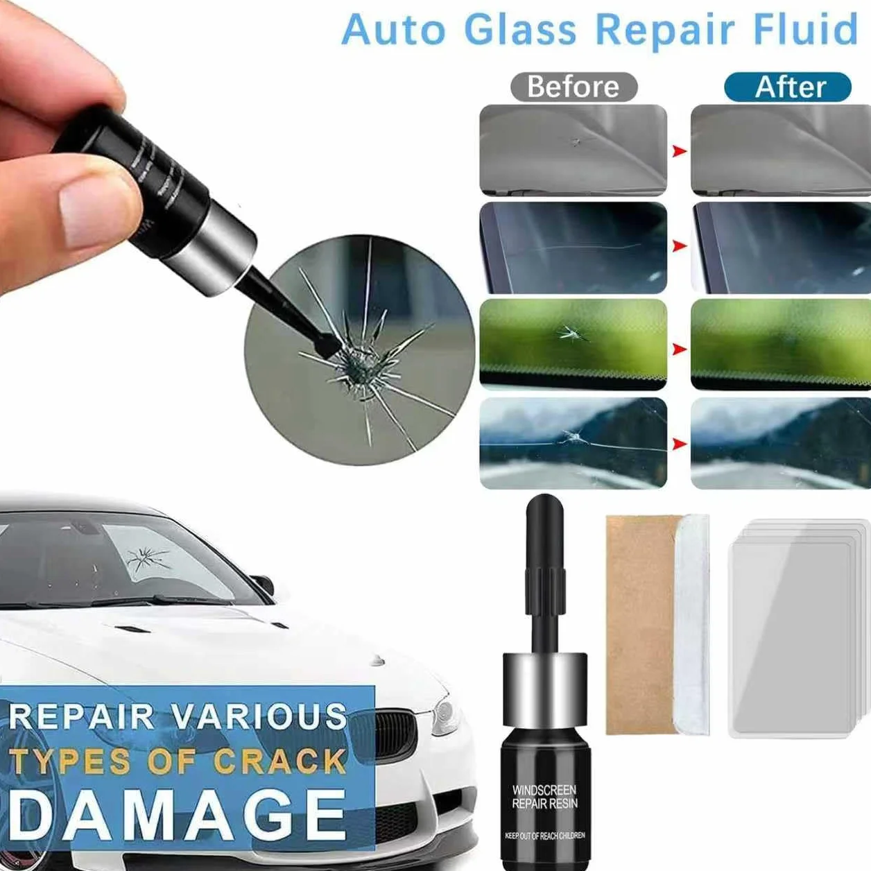Kit Riparazione Parabrezza Auto, Ripara Vetro Incrinature Scheggiature Fessure Graffi