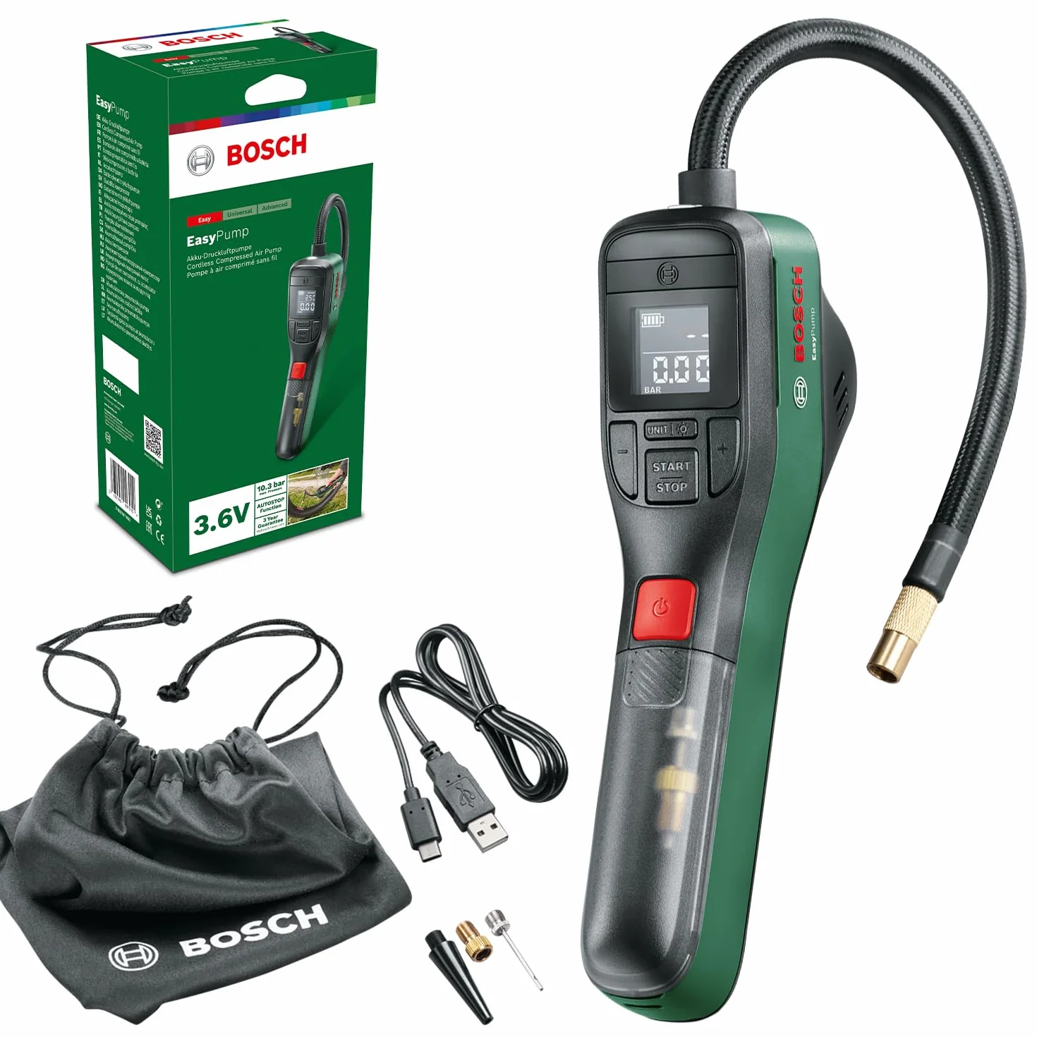 Bosch EasyPump Minipompa Elettrica 3,6 V 150 PSI 10,3 Bar Ricaricabile USB-C LED Autostop