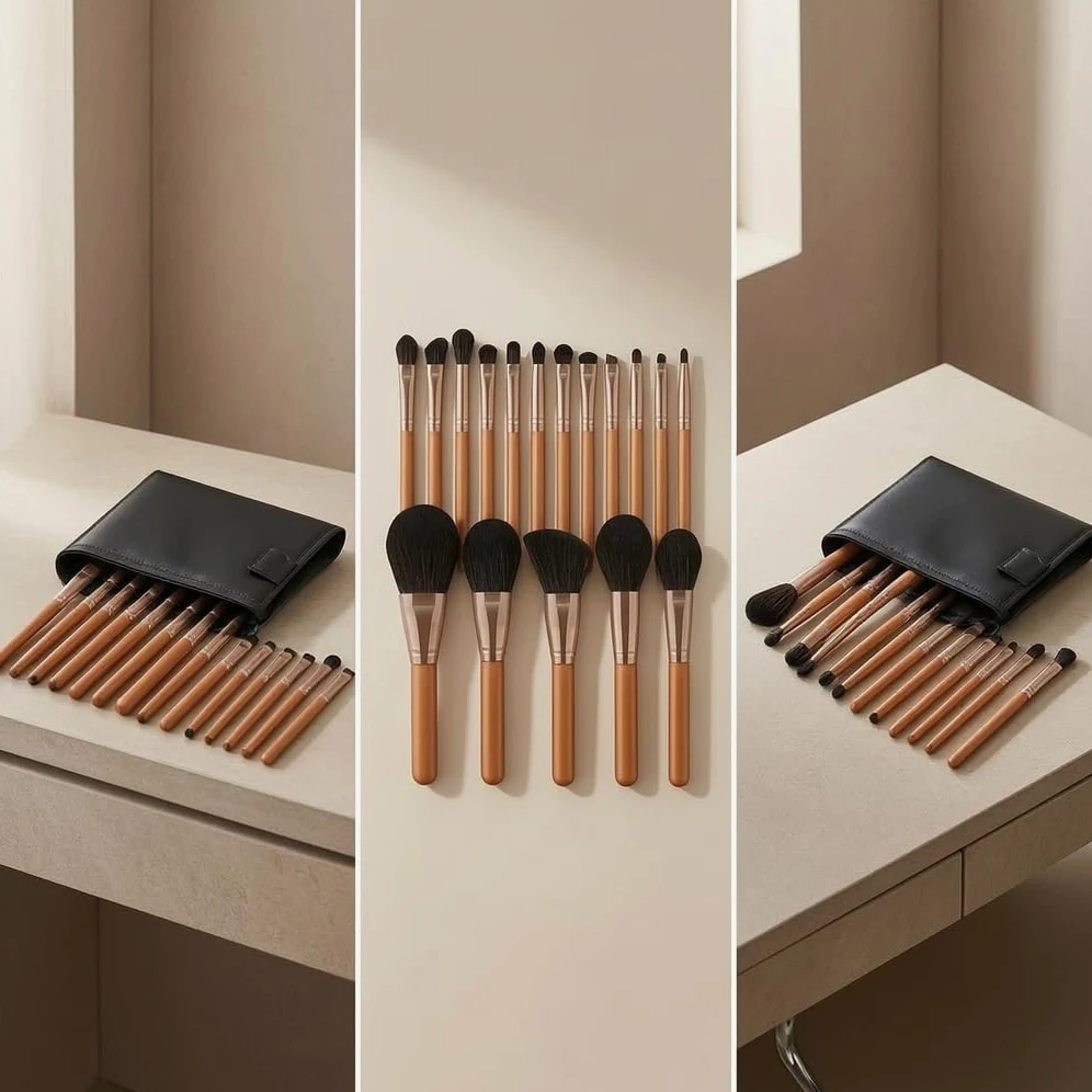 Set Pennelli Trucco 17 Pezzi, Manico, Fusto in metallo, Pennelli Trucco Oc, Sfumature, Per Estetiste, Set di 17 pennelli per trucco rosso acero con borsa pieghevole nera con coulisse