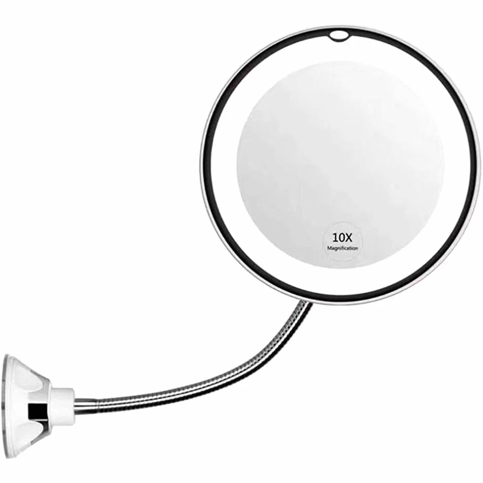 Gegong Specchio di vanità a LED con luce flessibile 360° girevole 10x ingrandimento portatile per viaggio bagno casa