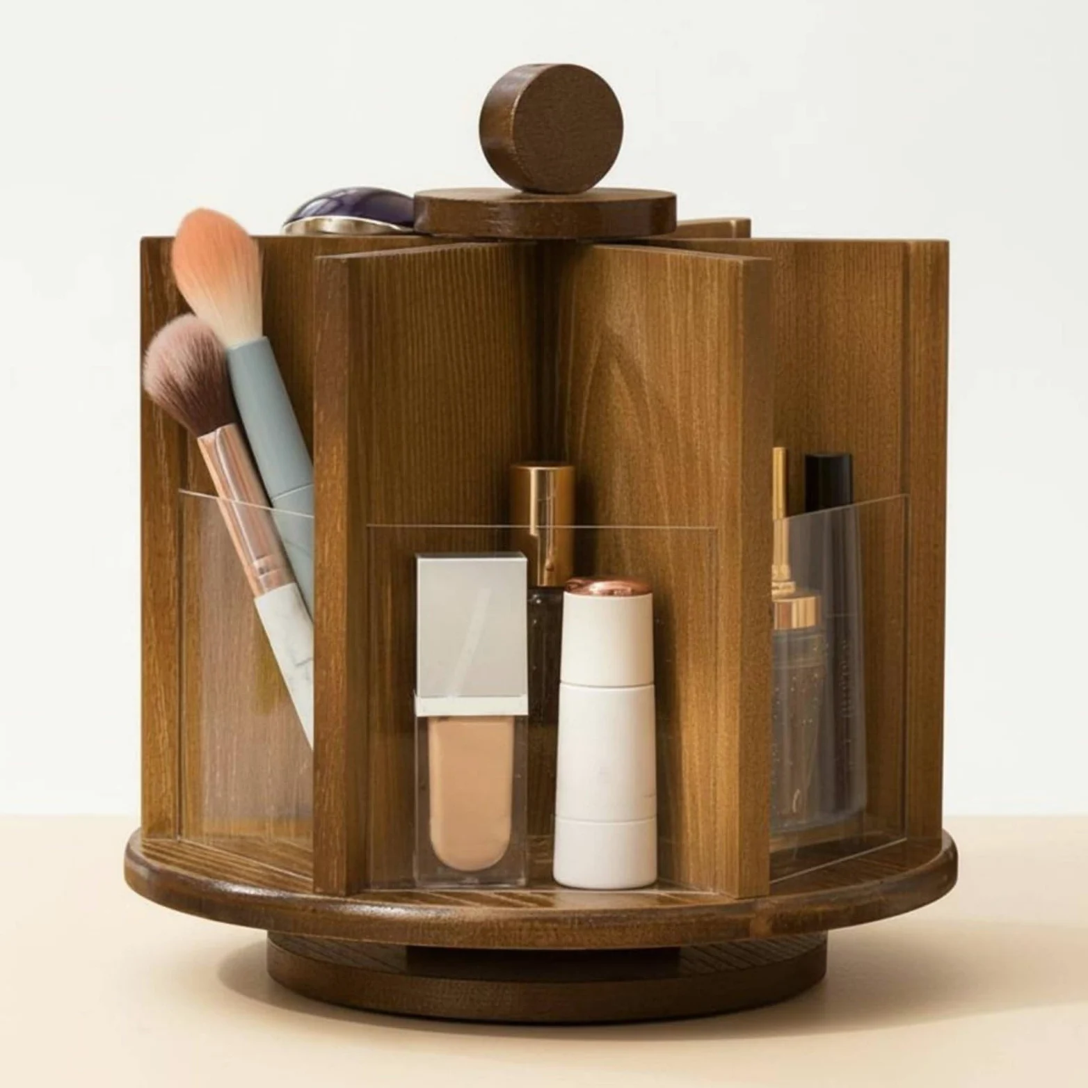 Organizer Rotante Porta Cosmetici Porta Trucco Porta Pennelli Porta Gioielli Realizzato in Bambù E Acrilico con Rotazione a 360 Gradi Adatto per Donna Scrivania Casa, Brown