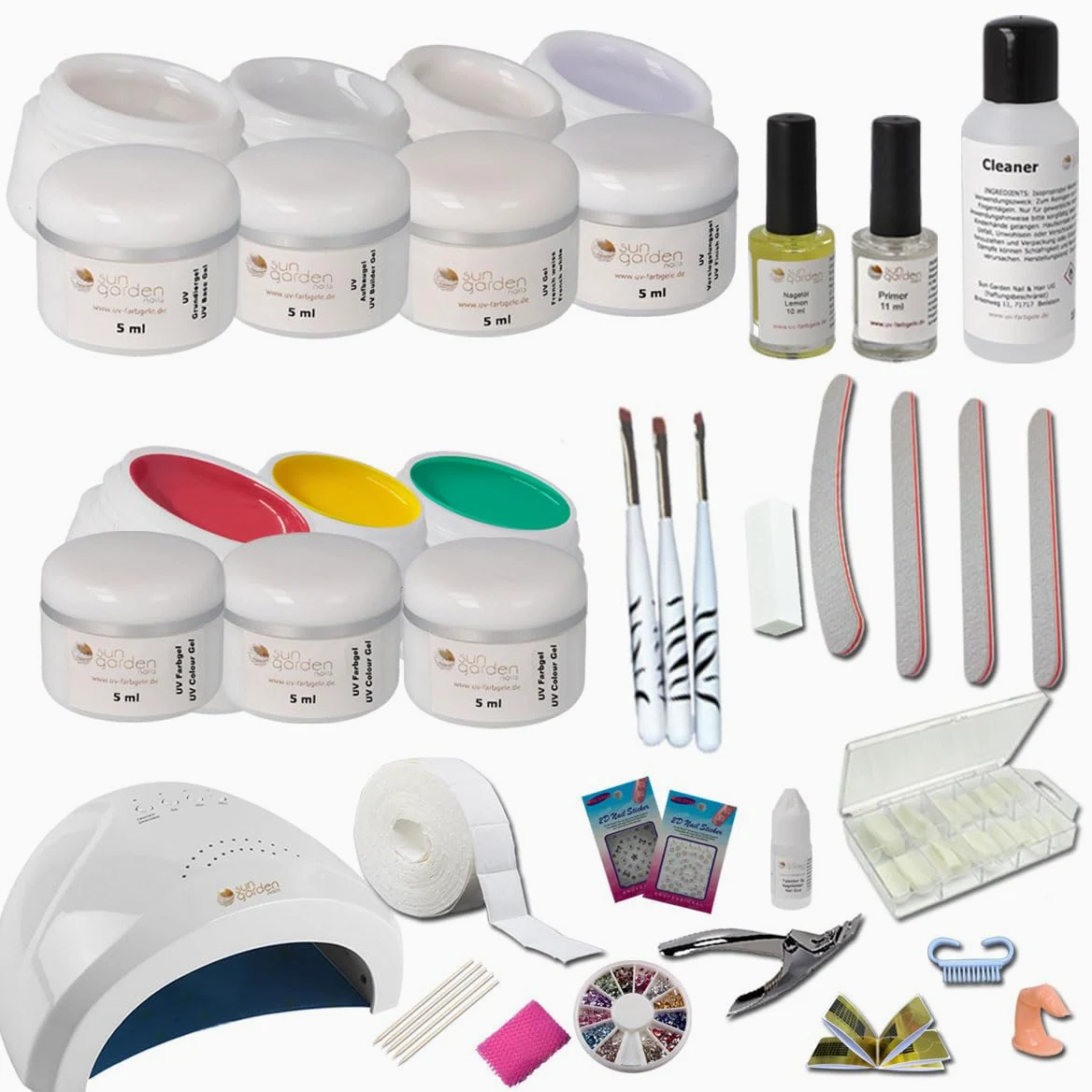 Sun Garden Nails Set Completo per Unghie in Gel UV – 42 Pezzi Professionale per Nail Art con Lampada di Indurimento a Luce UV, Gel Colorati e Accessori