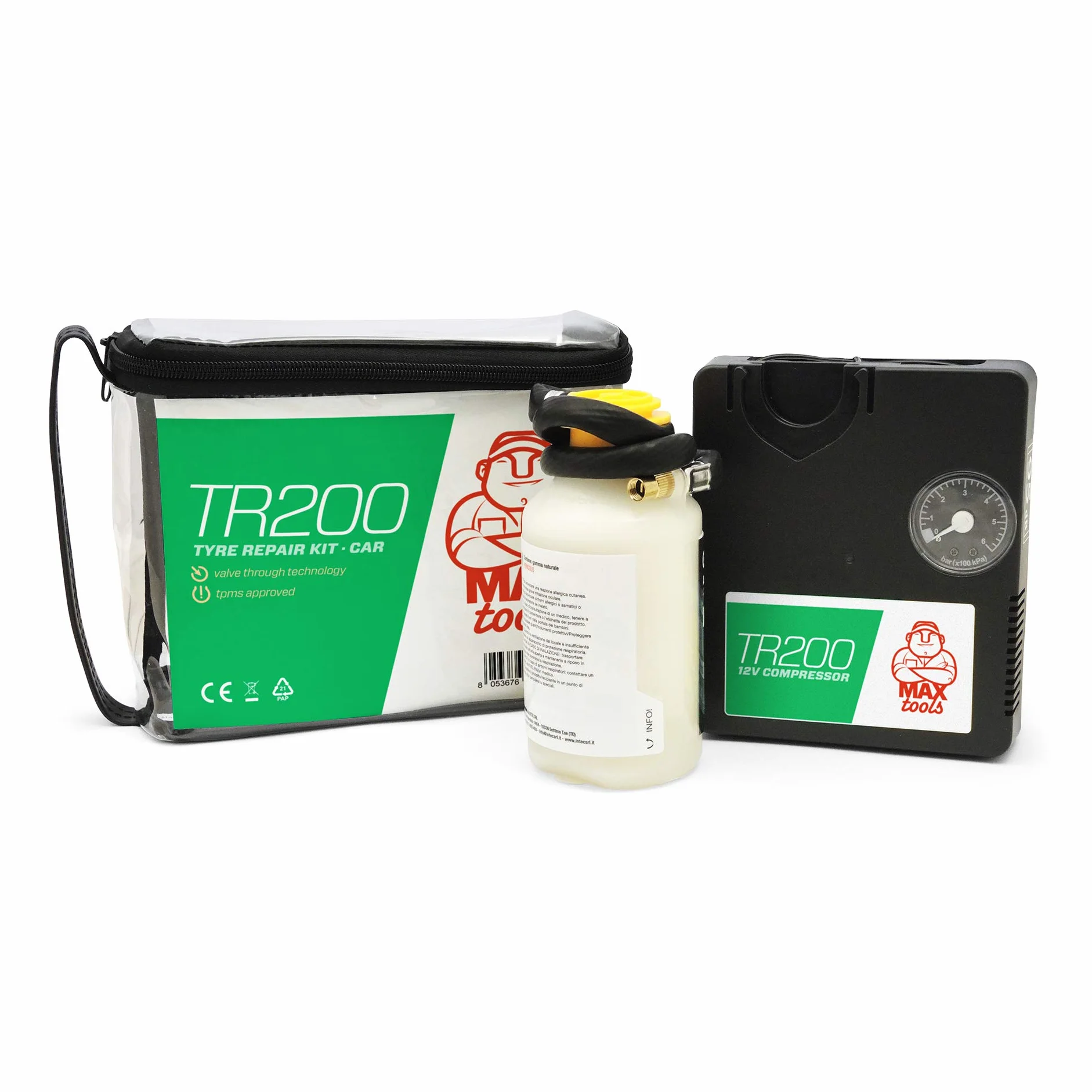 MAXTOOLS TR200 Kit Automatico Riparazione Pneumatici Auto Medie e Monovolume Compressore Aria 12V