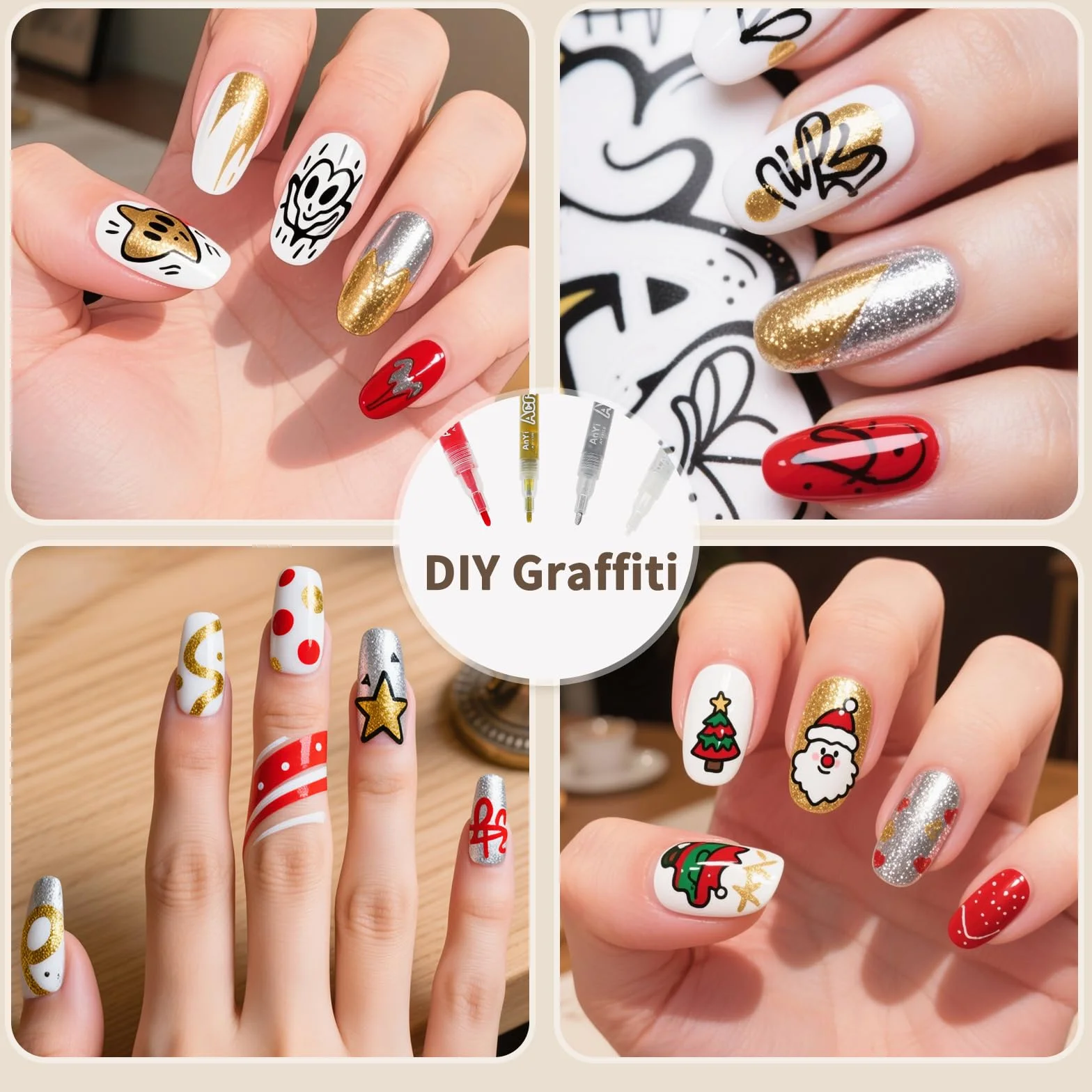 Set Penne Nail Art 4 Colori, Bianco Oro Argento Rosso Penna 3D per French Nails Design Preciso Asciugatura Rapida per Manicure Fai-da-te e Professionale Graffiti nail art bellezza manicure strumenti