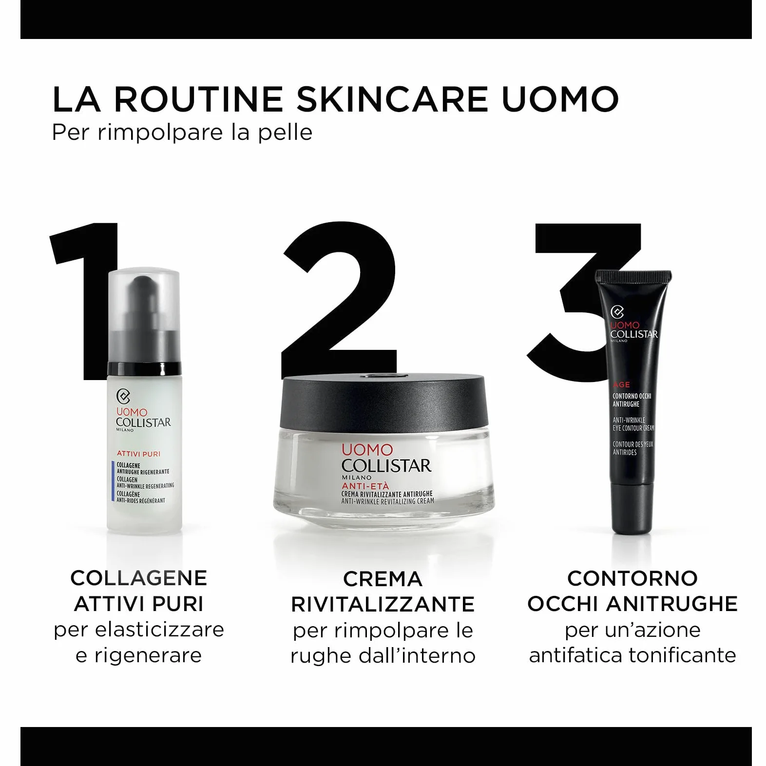 Collistar Linea Uomo Crema Antirughe Rivitalizzante, Previene le Rughe e Rimpolpa Quelle Esistenti dall'interno, 50 ml & Attivi Puri Uomo Collagene Antirughe Rigenerante, 30 ml