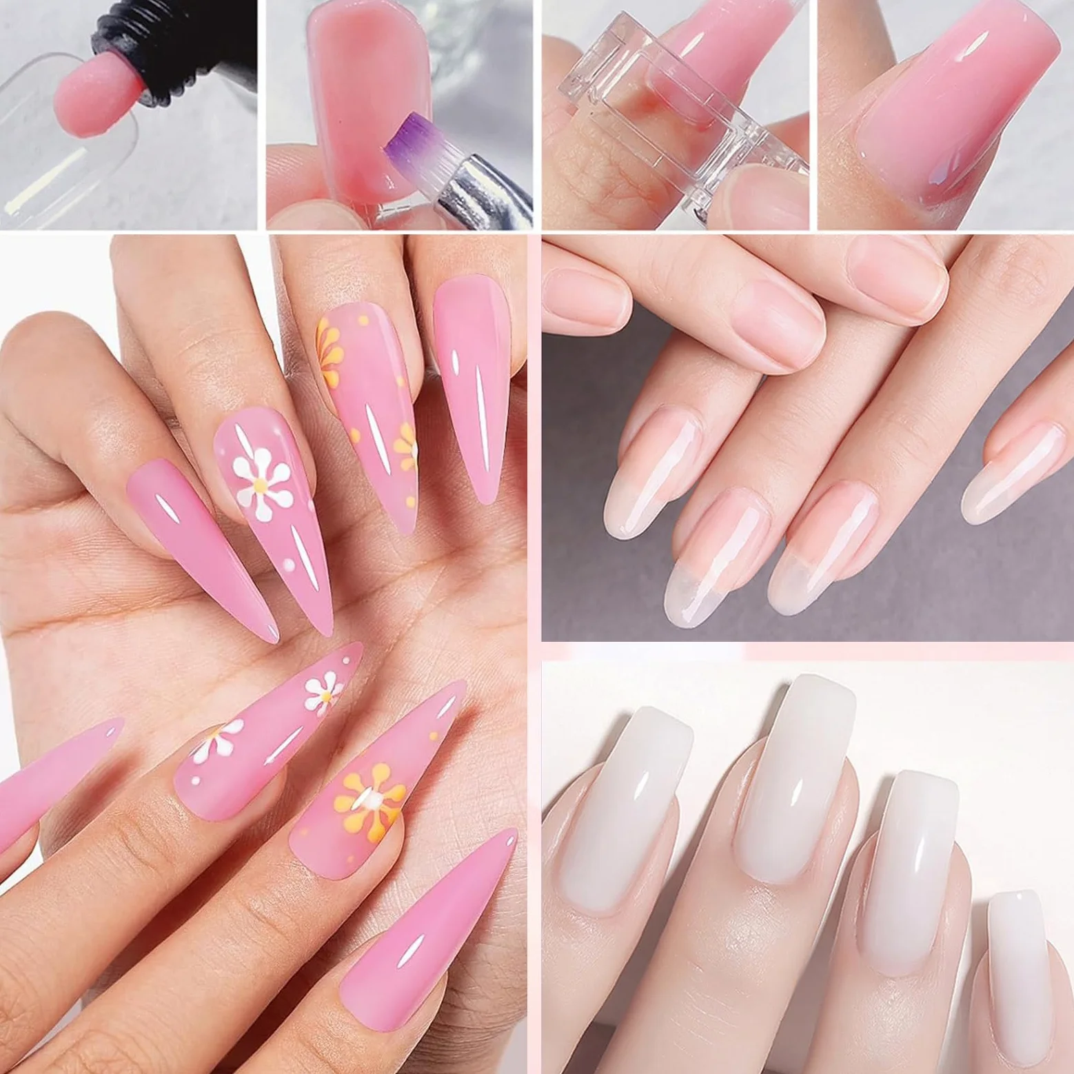 Gel costruttore Polygel for estensione unghie in gel - Rosa, bianco, trasparente con cartine rimovibili - Kit for nail art 3D for principianti