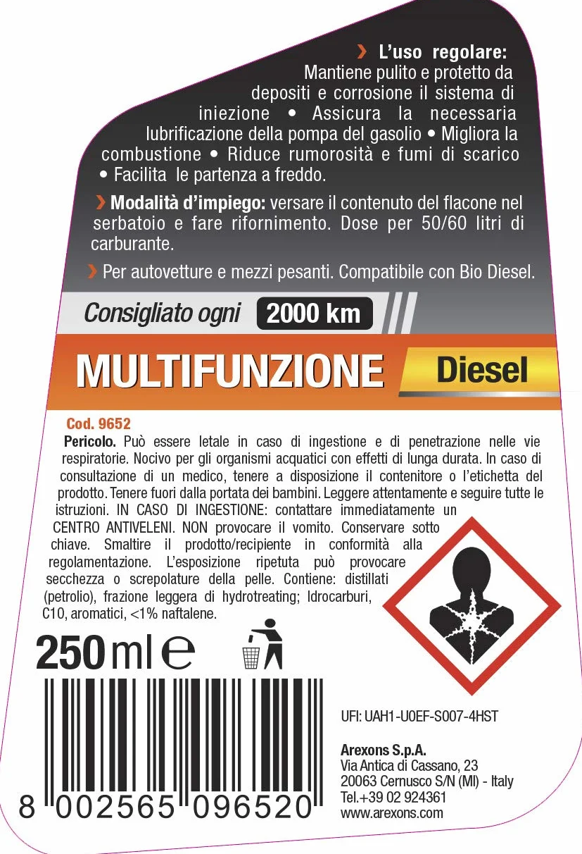 Arexons Additivo Diesel Multifunzione 250 ml Pulitore Protettivo per Motori Diesel e Turbo Diesel