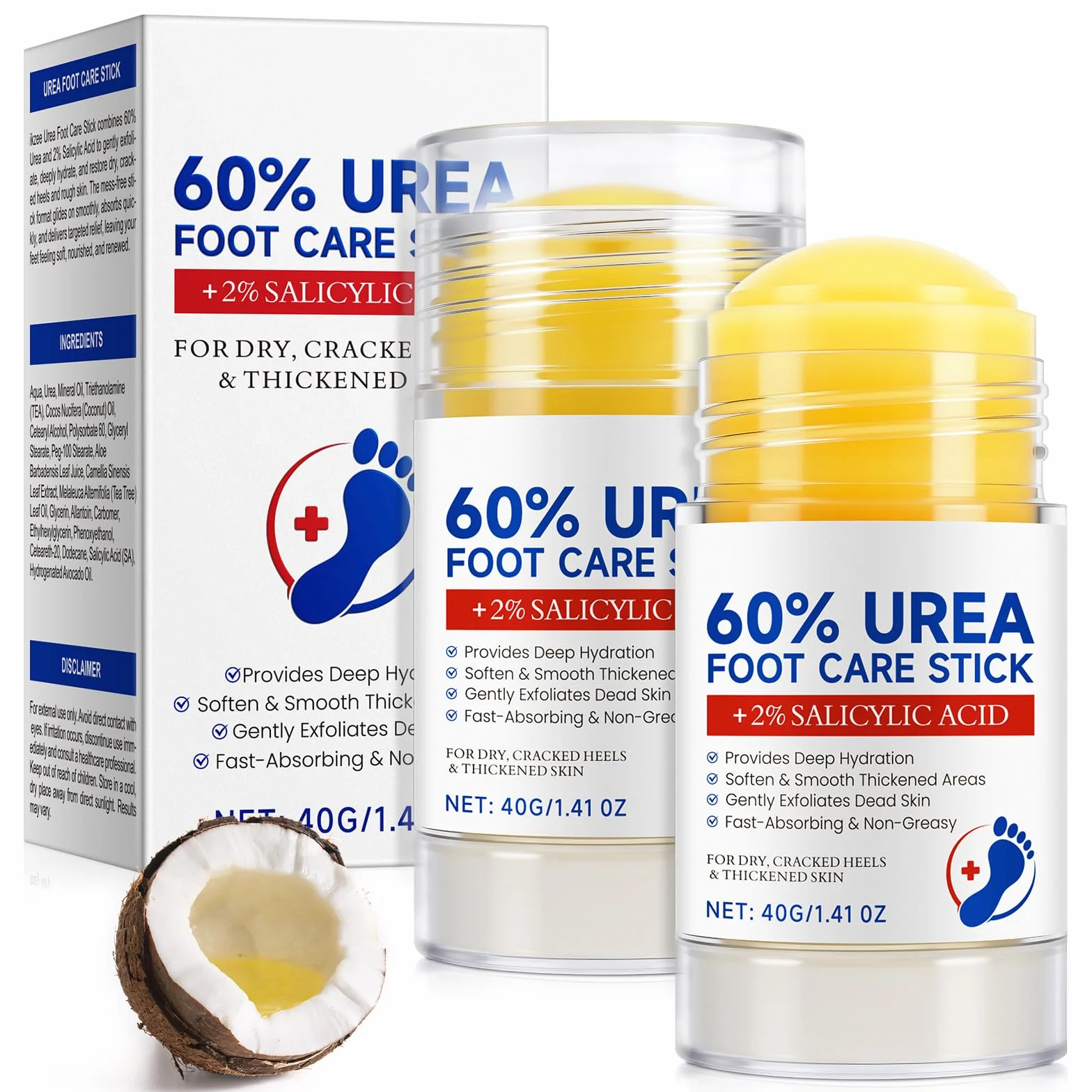 2 x crema per piedi con urea al 60% e al 2% di acido salicilico, barra riparatrice tacchi screpolati, crema idratante per piedi, per secchi e screpolati, mani, gomiti