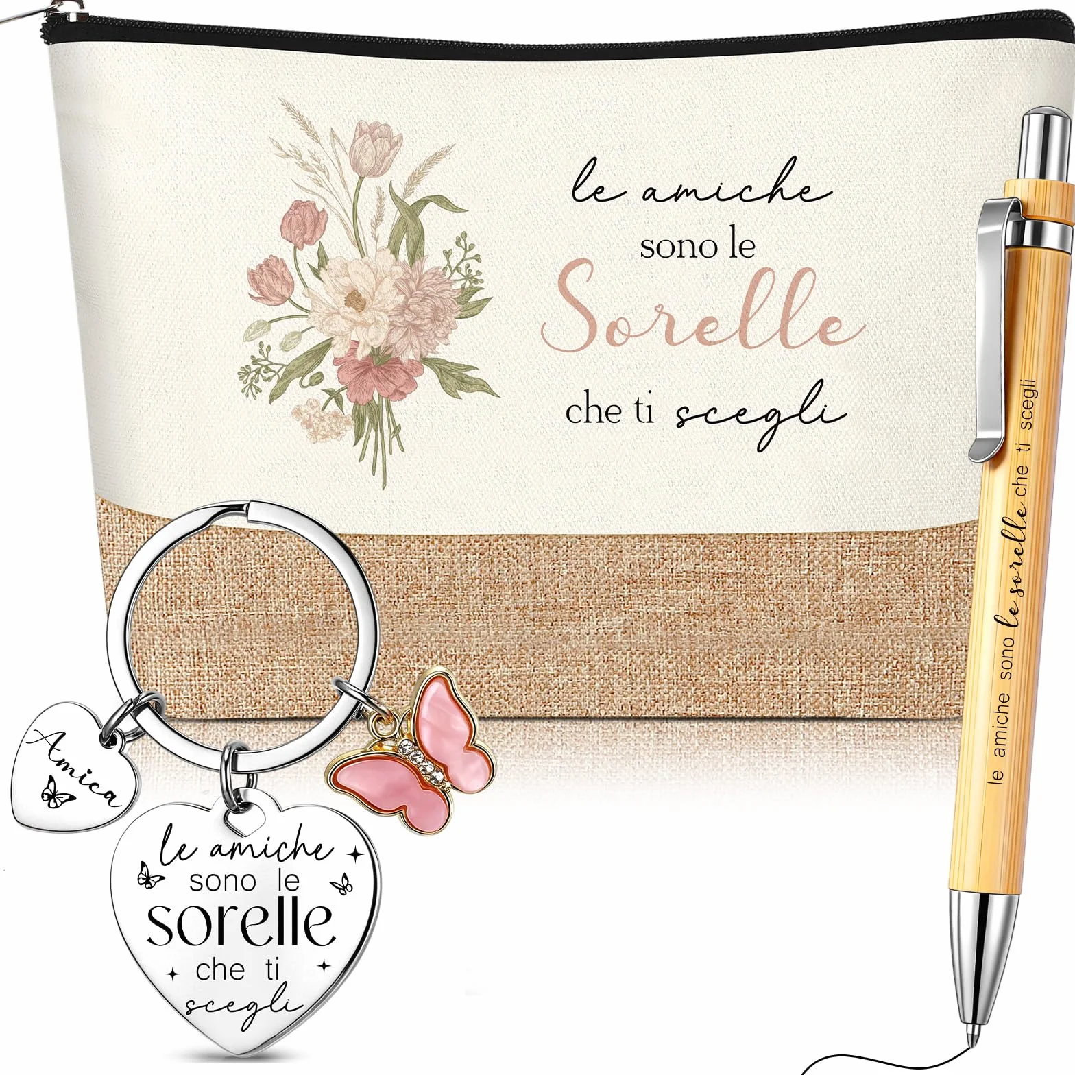 Jadive 3 Pezzi Set Regali da Fare alla Sorella Includere Pochette Cosmetica in Lino Patchwork Portachiavi Amicizia Penna a Sfera Legno per Donna Migliore Amica Compleanno Laurea Universitari Ufficio