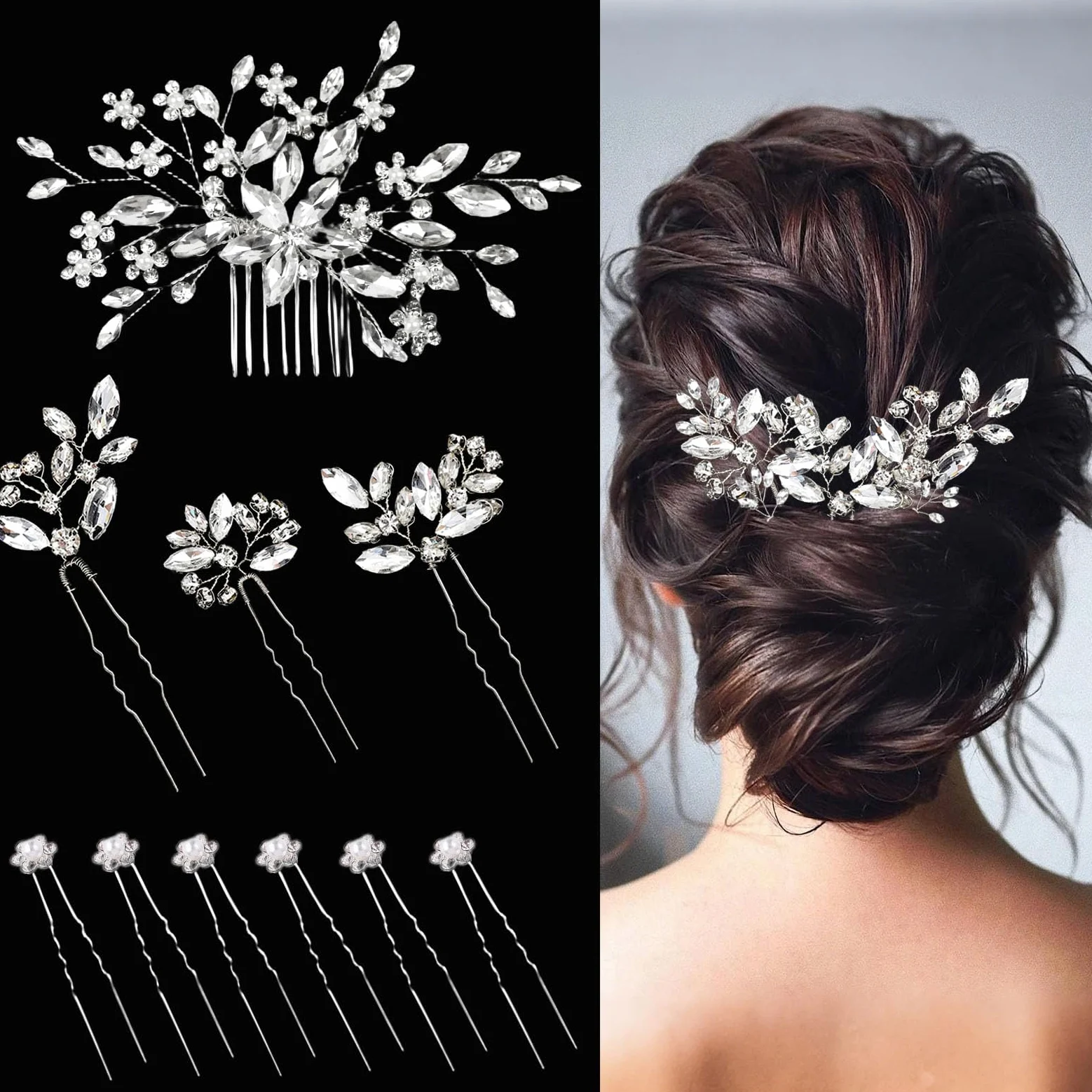 Set di 10 forcine per capelli da sposa, in argento, con strass, squisiti stili di cristallo, per matrimoni, feste, damigelle d'onore, ragazze