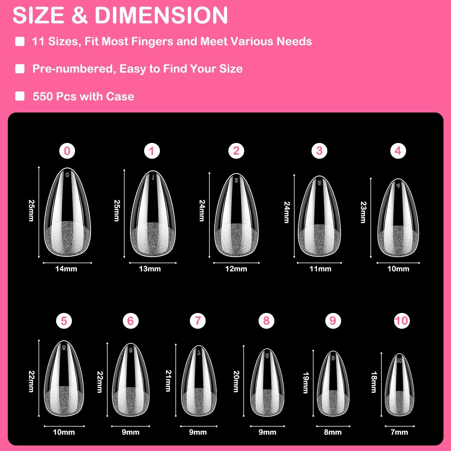 Diboniur 550 Pezzi Tip in Gel Unghie, 11 Taglie, Unghie Finte Copertura Completa, Mandorla, Medium