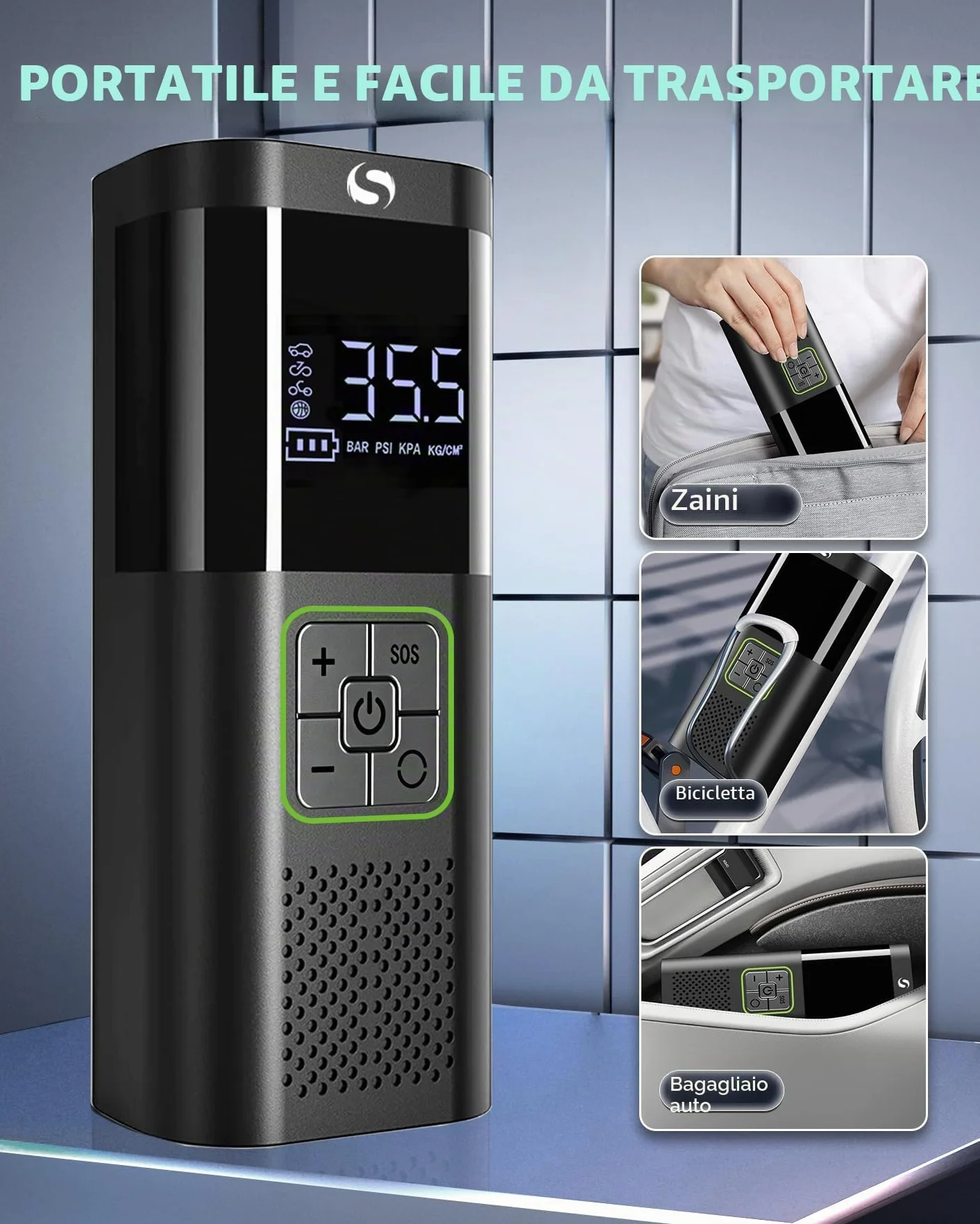 Compressore Aria Portatile con Manometro, Pompa Elettrica per Auto Moto Bicicletta