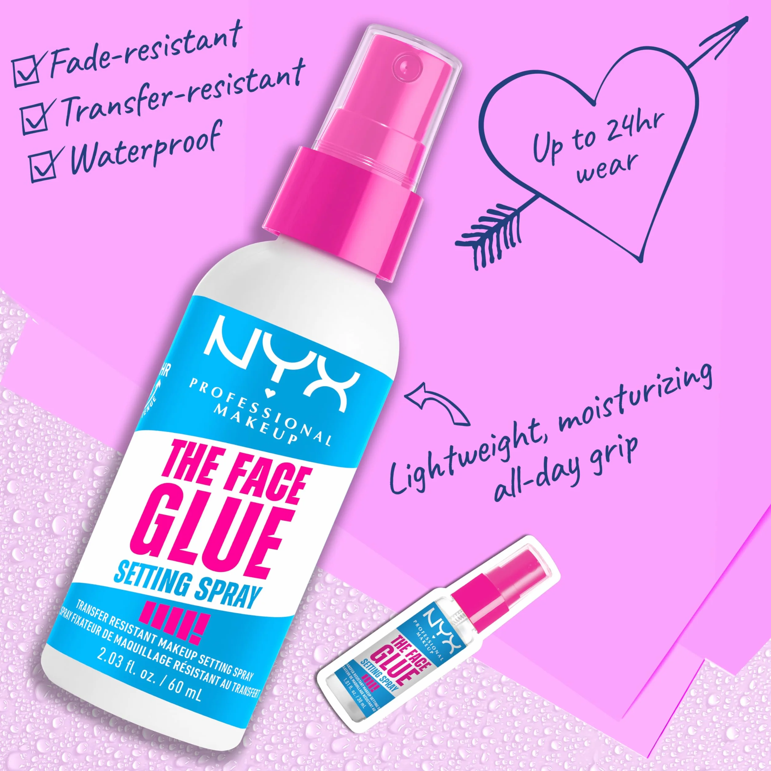 NYX Professional Makeup Spray Fissante, Per Tutti i Tipi di Pelle, Makeup Intatto fino a 24H, Finish Vellutato e Look Fresco Tutto il Giorno, Con Sciroppo d'Acero, The Face Glue, 60 ml