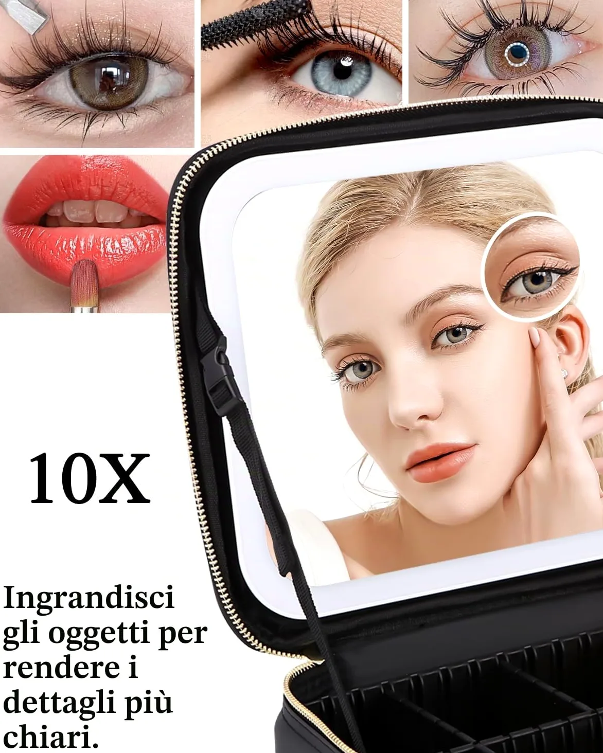 Borsa Cosmetici Con Specchio Led,Valigetta Trucco Portatile con Divisori Regolabili,Porta Trucchi Con Specchio Con 3 Modalità Illuminazione,Cosmetico Impermeabile Strumenti Trucco Accessori per Donna