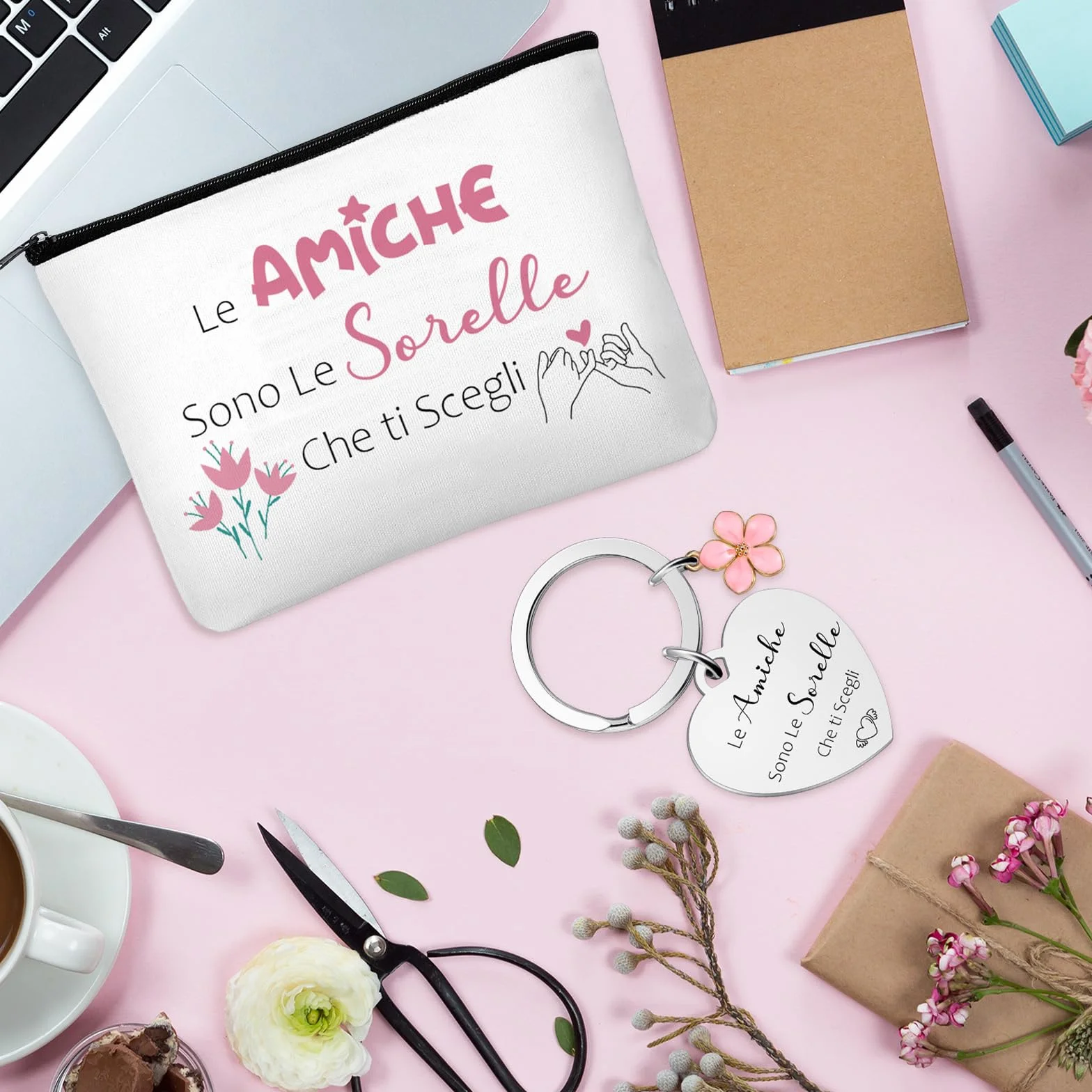Weewooday Set Regalo per Migliore Amica e Sorella 1 Borsa per Cosmetici 1 Portachiavi dell'Amicizia con Ciondolo a Forma di Fiore Pochette per Trucchi Borsa Toilette Beauty Case per Compleanno
