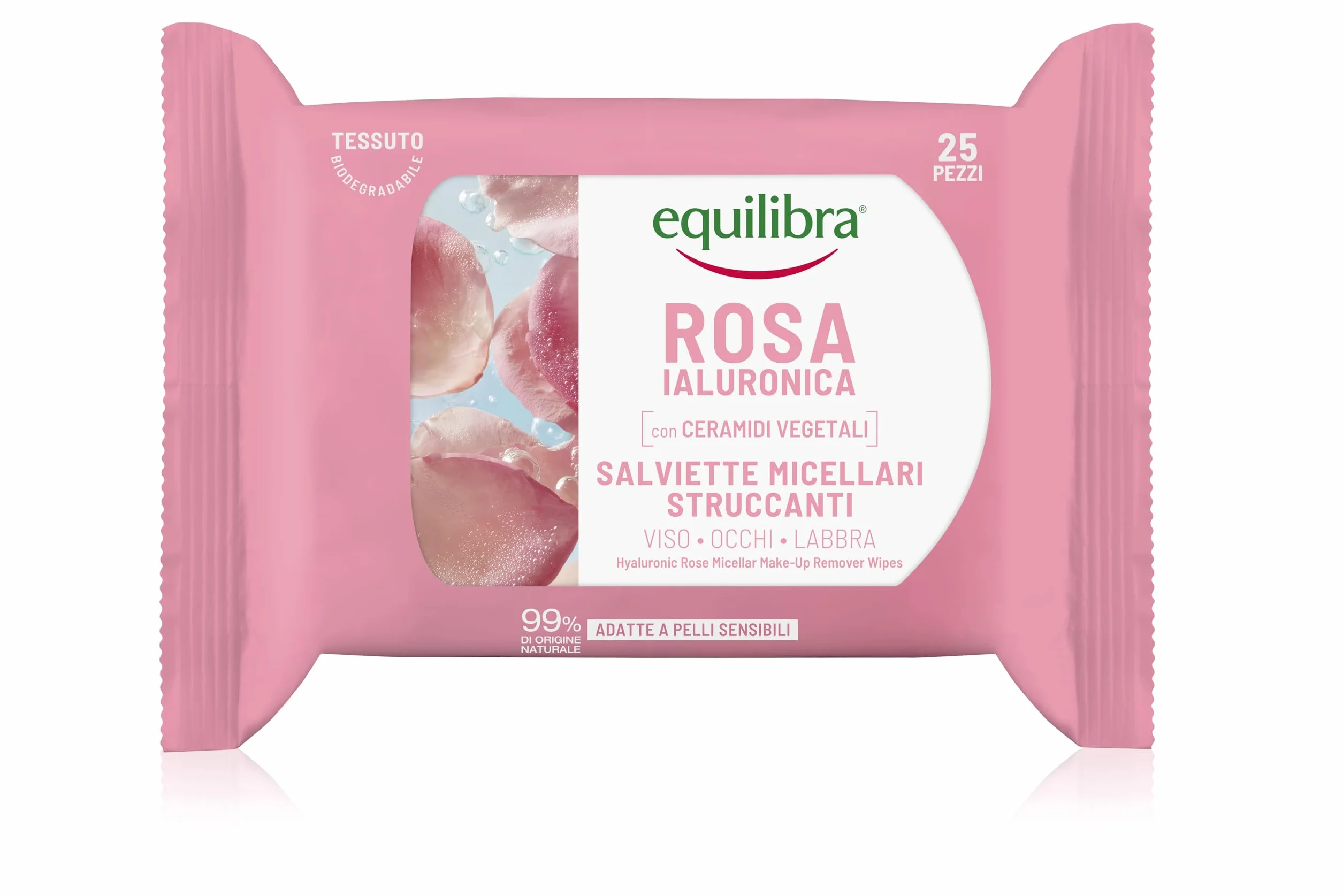 Equilibra Salviette Micellari Struccanti 100% Naturale Viscosa Rosa Fermentata Acido Ialuronico Ceramidi Vegetali 25 pz
