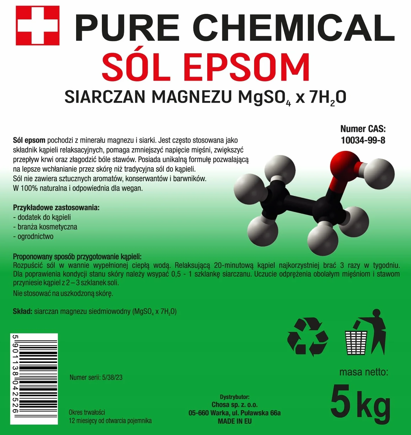 CHOSA Sale di Epsom 5kg - Solfato di Magnesio Naturale per Relax, Corpo e SPA - Cristalli Purissimi per Benessere - Sali per Bagni - Pelle Liscia - Rilassamento Muscolare