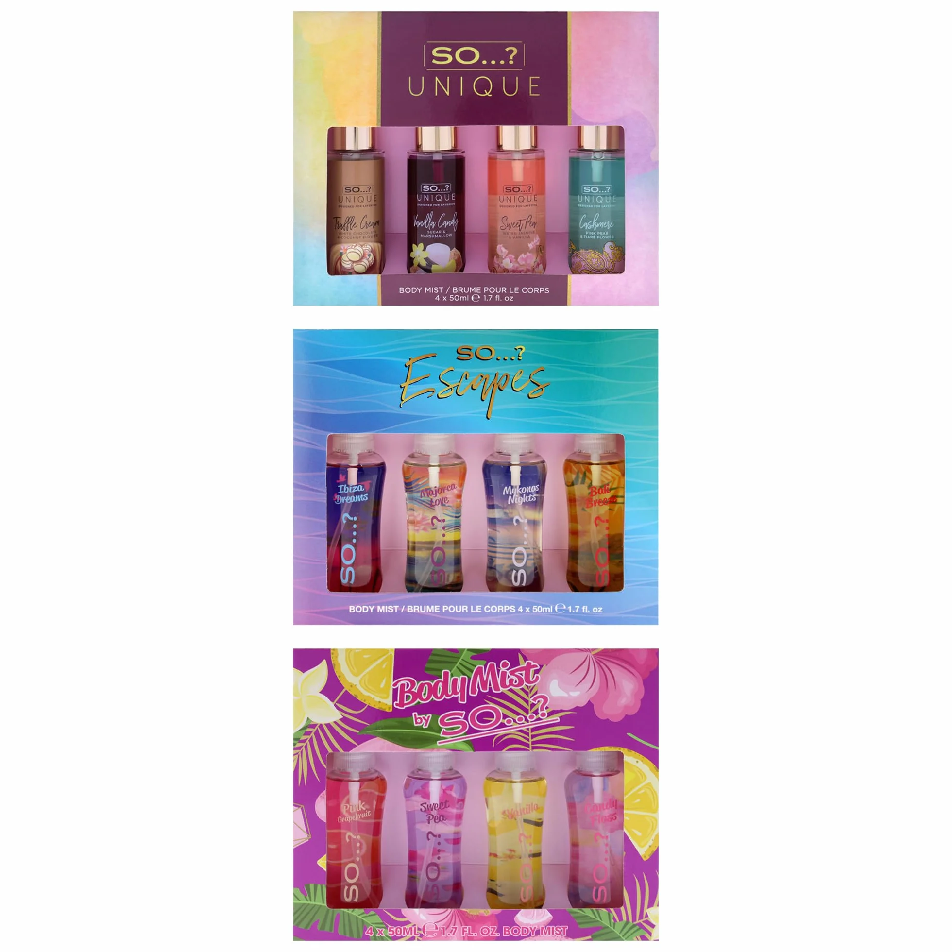 So…? Summer Escapes, Body Mist by So…? & Unique Womens Gift Sets Bundle, Body Mist Fragrance Spray (4x50ml) Pack of 3