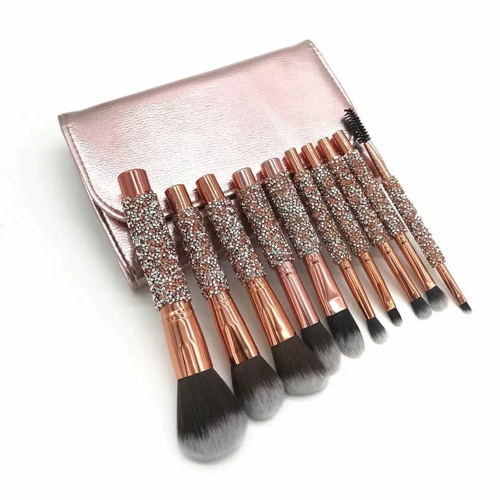 Set di pennelli per Trucco con avvolgimento di Diamanti da 10 Pezzi, Spazzola per Capelli Morbida avvolta con Diamanti con Borsa, Portatile PE