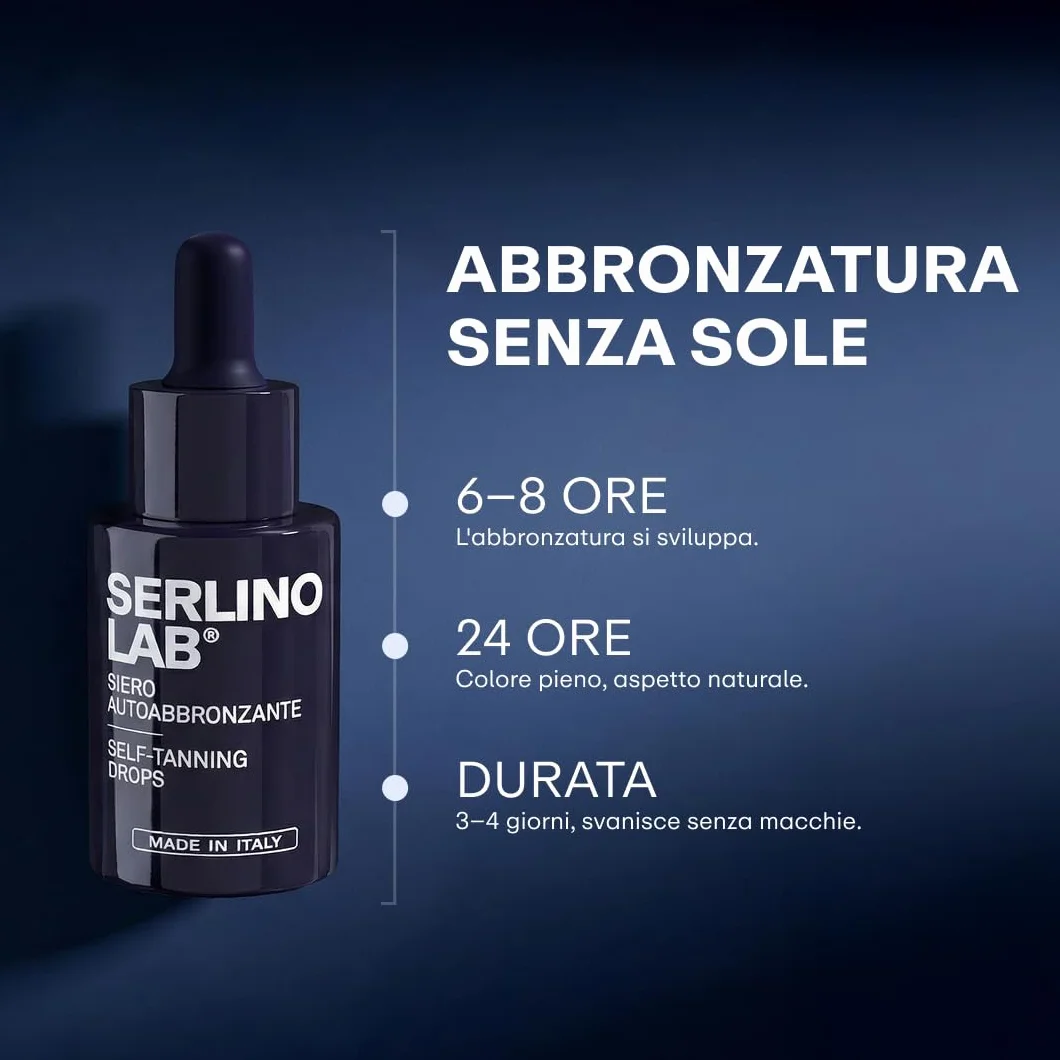 SERLINO LAB Gocce Autoabbronzanti 30 ml, siero abbronzante, Abbronzatura naturale senza sole con DHA + Eritrulosio, Aloe Vera e Acido Ialuronico, Durata 3‑4 giorni, Made in Italy