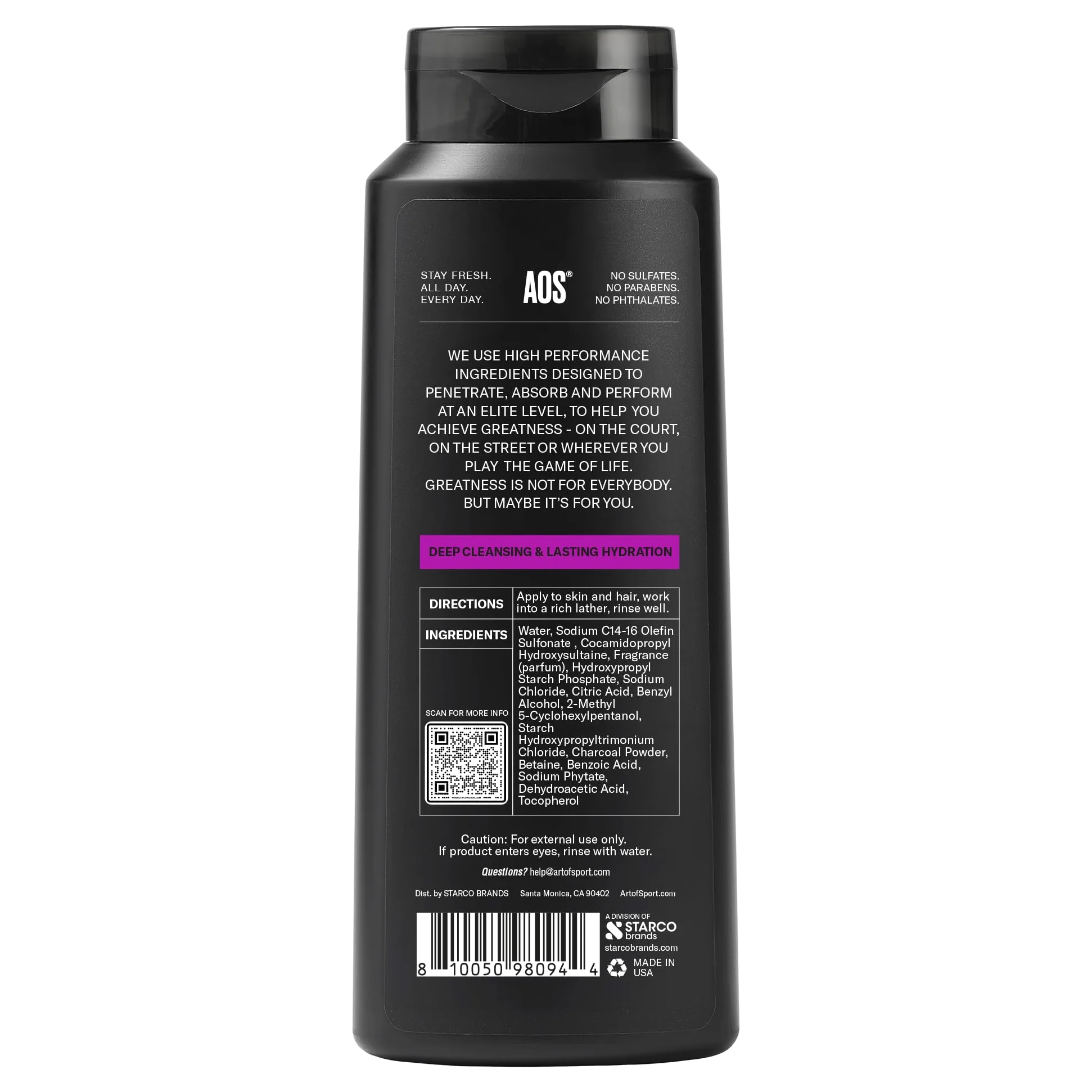 Art of Sport Gel doccia e shampoo 2 in 1 da uomo con carbone attivo, fragranza di sandalo, progettato per atleti, senza profumo, 473 ml (confezione da 2)