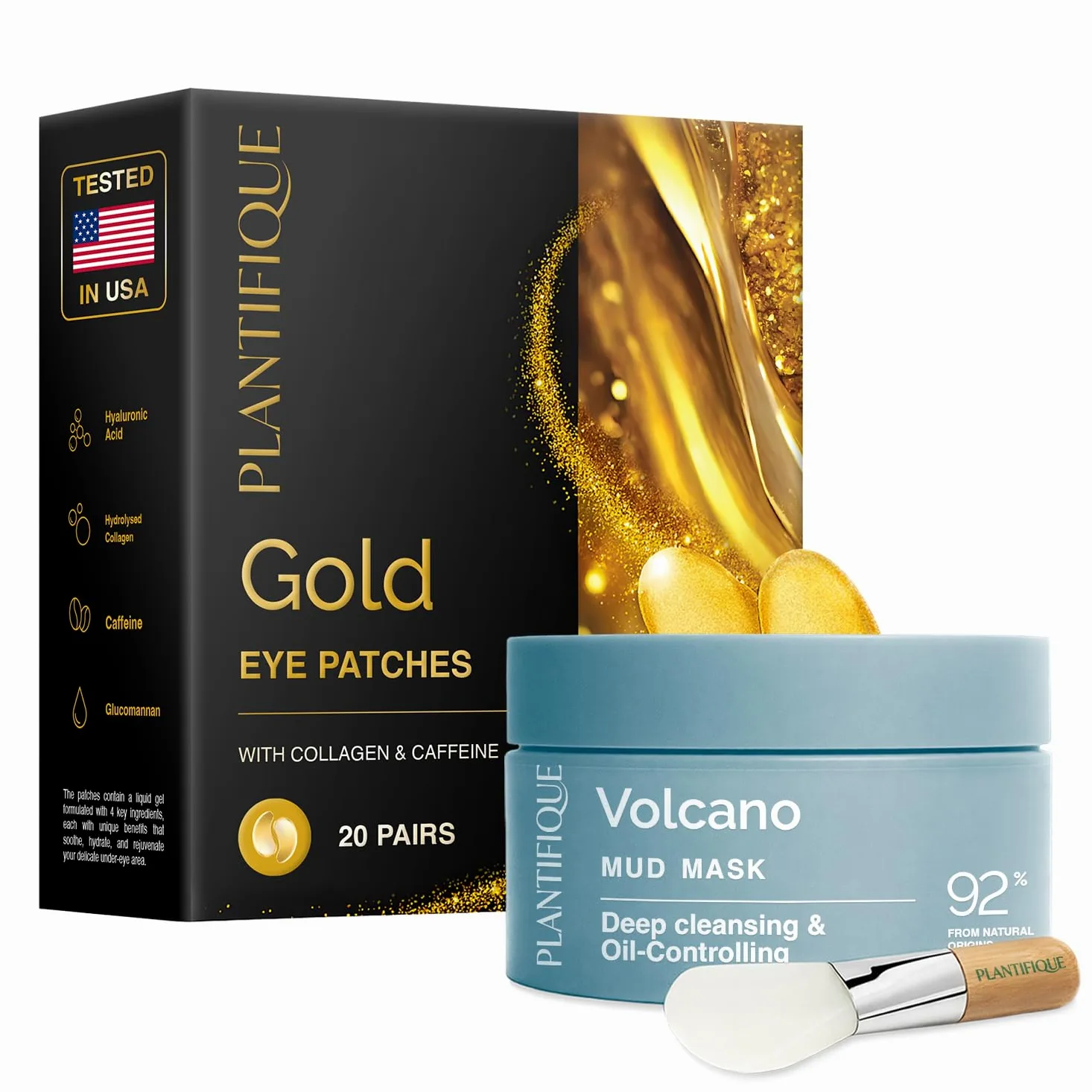PLANTIFIQUE Maschera Viso Coreana Argilla Vulcanica - Purifica, Affina Pori, Idrata e Calma - 110 g & Patch Occhi Antirughe Donne e Uomini - Skin Care Kit Viso Crema Contorno Occhi Idratante - 20 Paia
