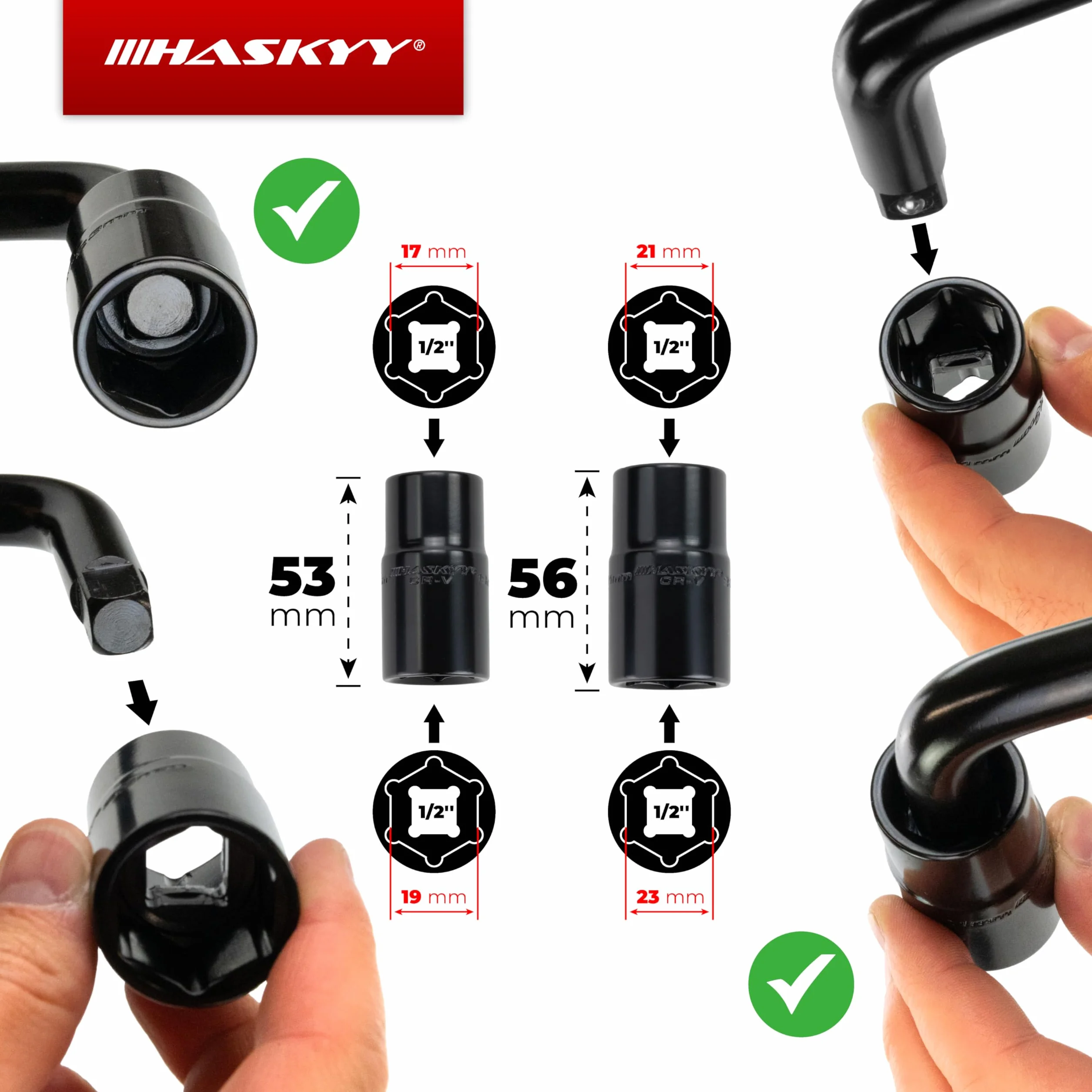 HASKYY Zestaw kluczy teleskopowych do nakrętek kół 355-530mm 1/2" 17/19mm 21/23mm