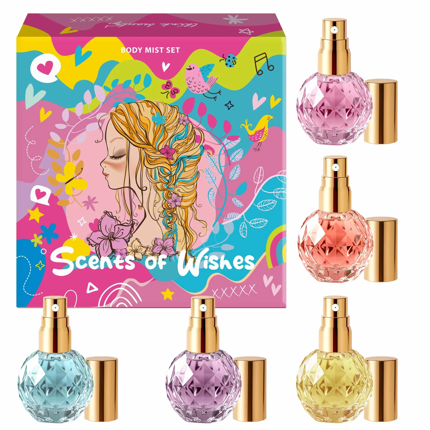 Set di Body Mist Ragazze Scents of Wishes 5 Flaconi Vetro Forma Diamante Profumi Esclusivi Bacche Frutti Agrumi Tropicale Floreale