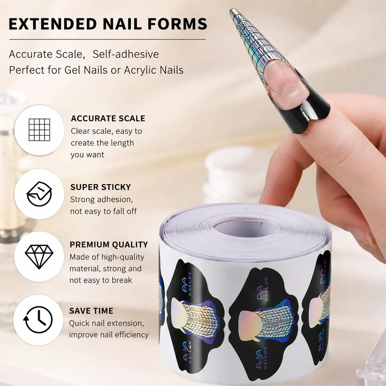 200 Modelli Unghie Autoadesivi per Ricostruzione Unghie, Nail Forms Professionali per Gel e Acrilico, Cartine Unghie con Scala Graduata