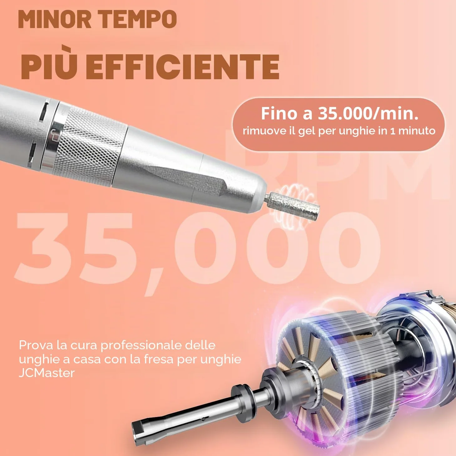 Fresa unghie professionale JCMaster, 35.000 U/min, lima elettrica portatile per unghie in gel e acrilico, batteria ricaricabile, incl. 12 punte, comando a pulsante.
