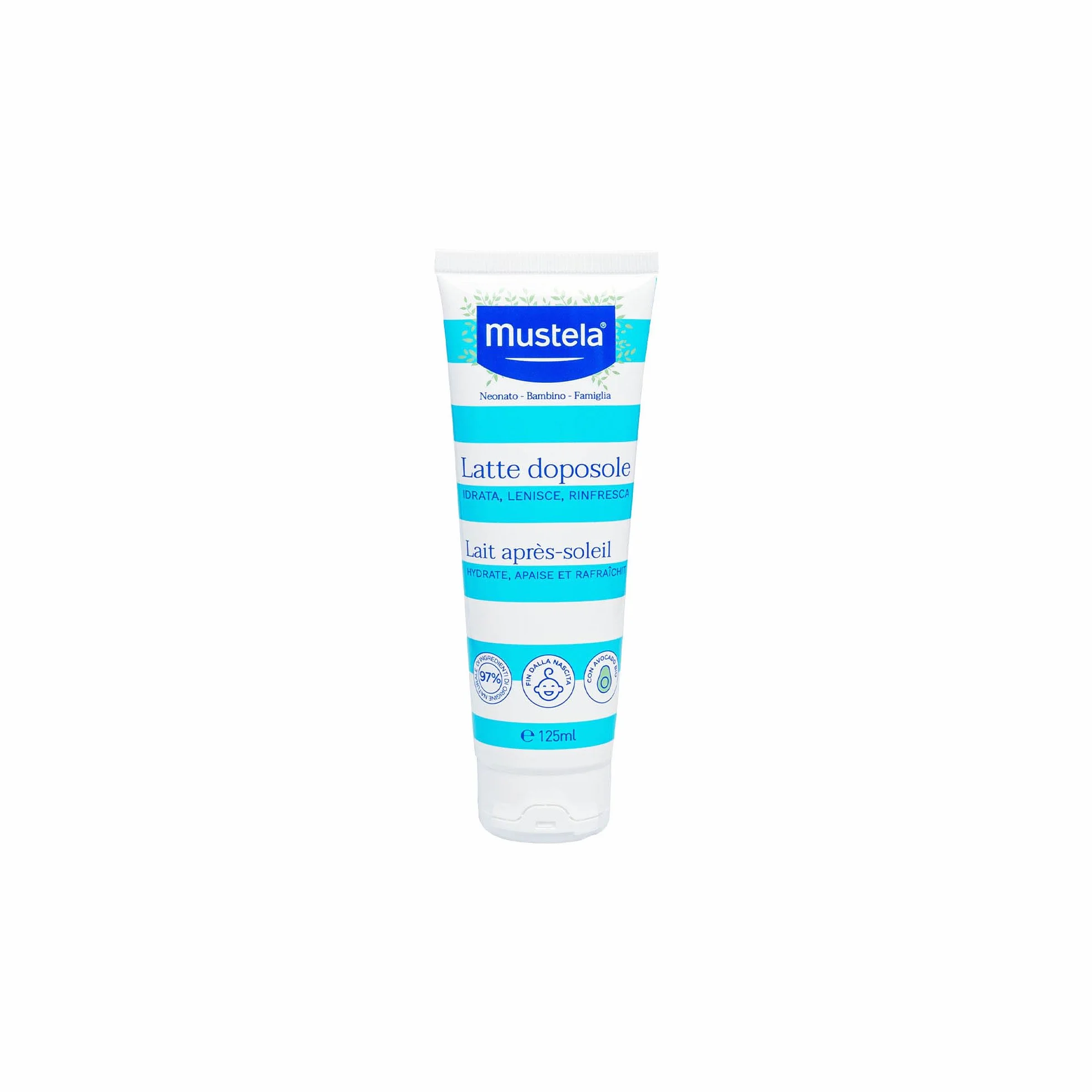 Mustela Latte Doposole 125ml Viso Corpo Burro di Karité Perseose Avocado Neonati Bambini Pelle Arrossata Freschezza