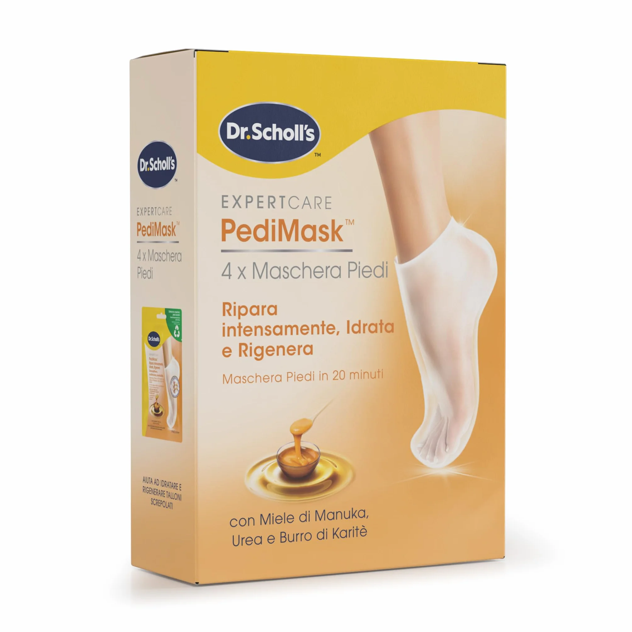 Dr. Scholl's Maschera Piedi con Miele di Manuka, Calzini Idratanti per Talloni Screpolati, 4 Paia