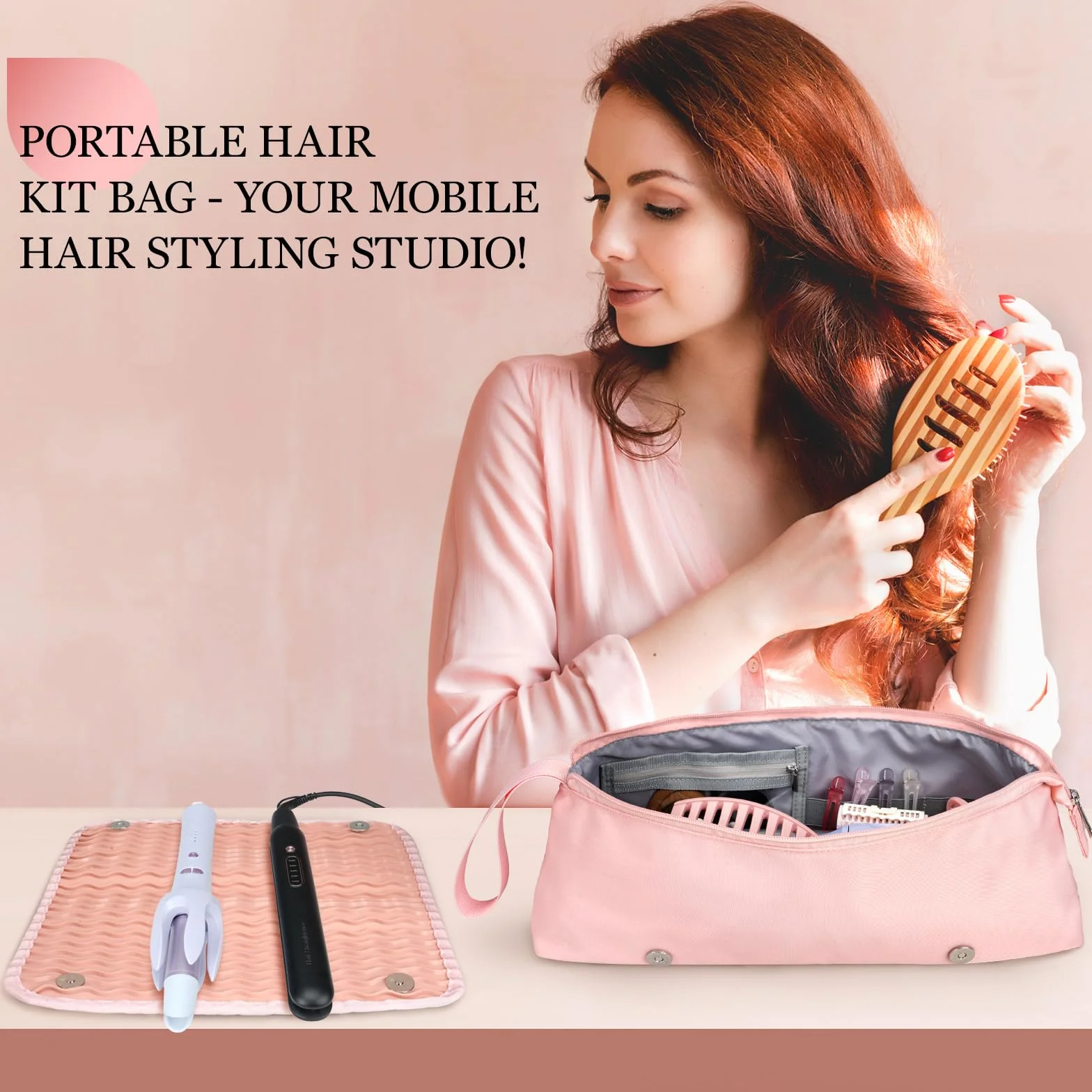 Dadanism Kit per Parrucchieri, Borsa da Viaggio per Strumenti per Capelli con Tappetino Termoresistente Rimovibile, Organizzatore 2 in 1 per Arricciacapelli, Piastra e Accessori da Donna, Rosa