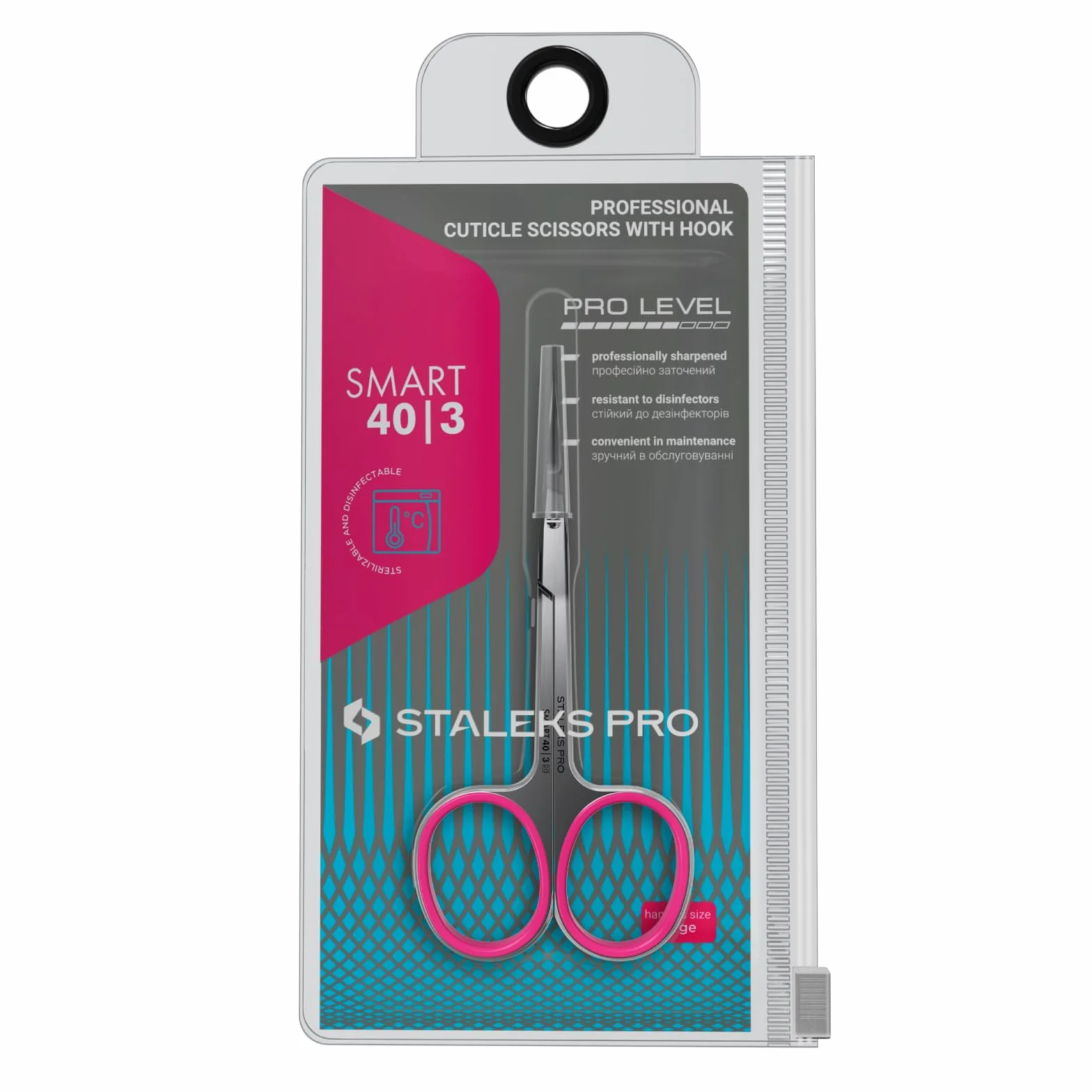 STALEKS Pro Forbici Professionali per Pelle Cuticola Lame Curvo Classico Manici in Silicone Rosa Affilatura Manuale Smart 40 Type 3