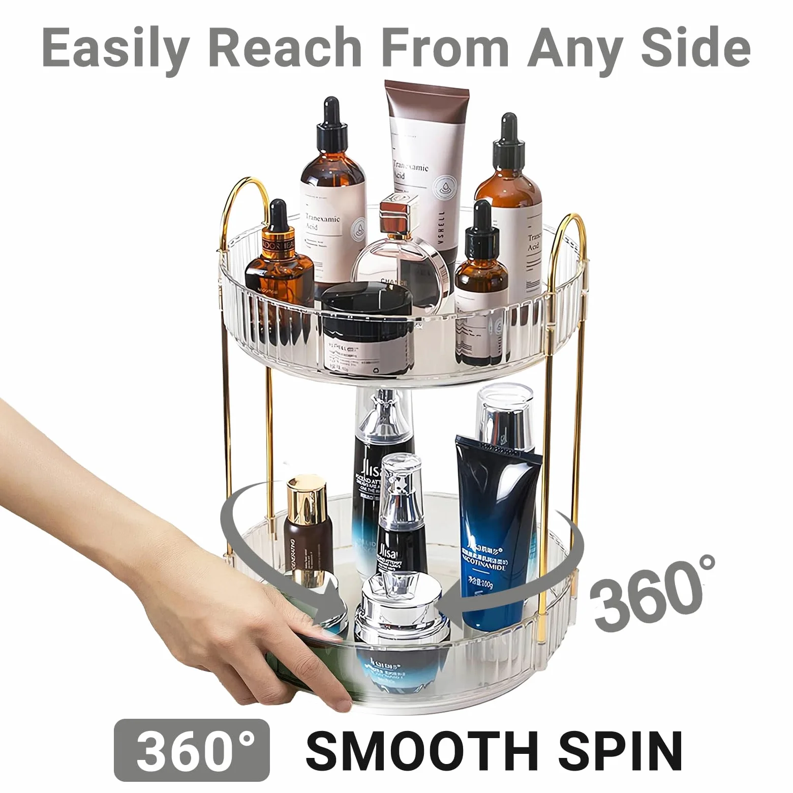 Asayuee Organizzatore per trucchi rotante a 360 gradi, organizer per trucchi a 2 livelli di grande capacità, organizer per cosmetici per la cura della pelle, organizer per cosmetici da bagno