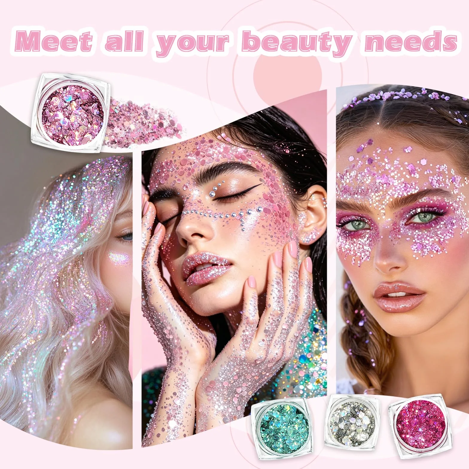 Glitter Viso Make up in Gel 12 colori Glitter per Corpo e Capelli Autoadesivo con Scintillii, Impermeabile 1 Fogli Adesivi con Strass per Trucco Professionale per Trucco Festival