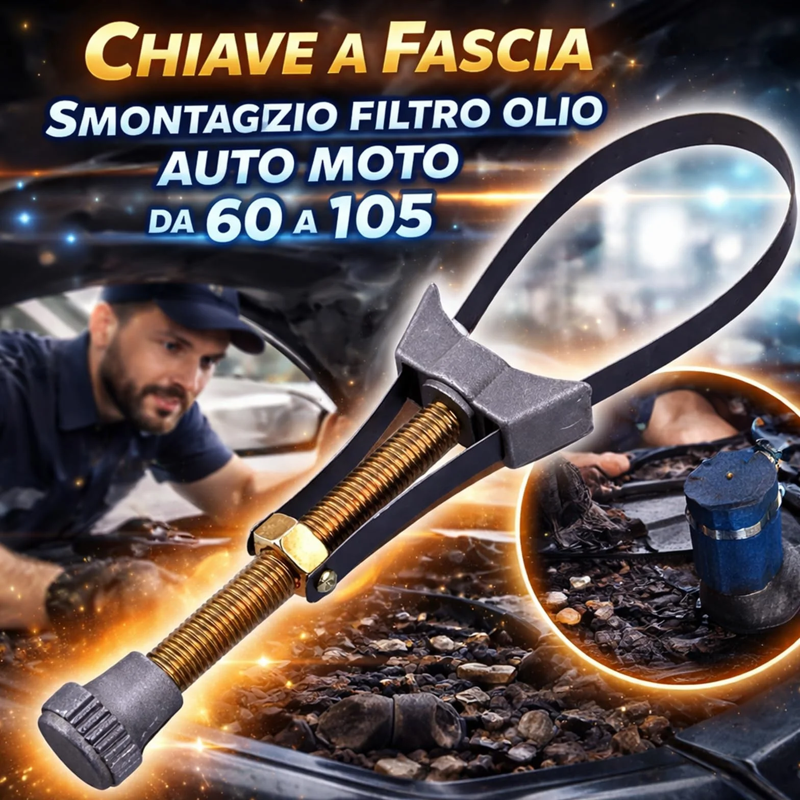 Chiave a Fascia Regolabile Smontaggio Filtro Olio 60-105 mm Auto Moto