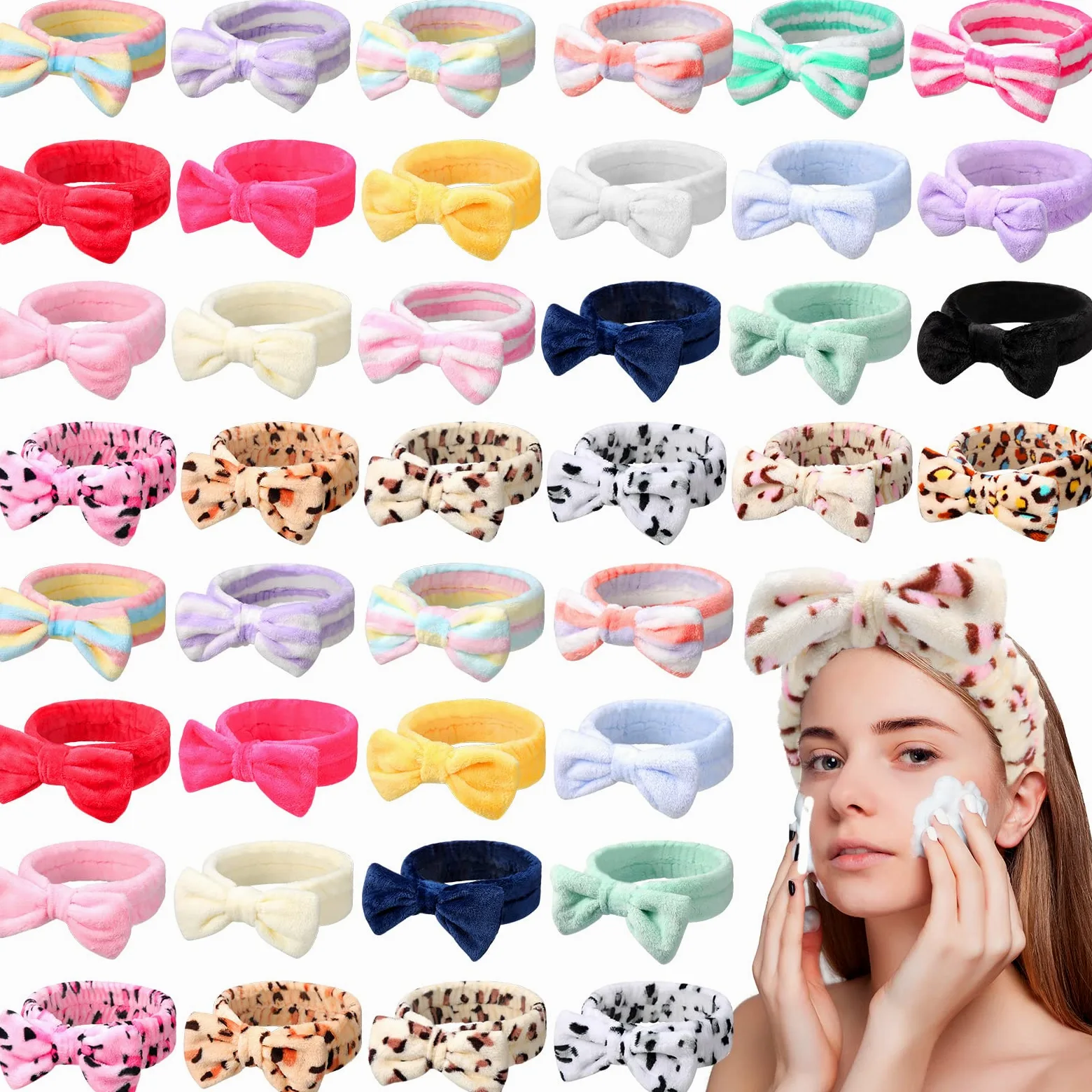 Giegxin 48 fasce per capelli con fiocco, fascia per capelli per il trucco del viso e per il trucco del viso e della peluche, per donne che lavano il viso, la pulizia della doccia, 24 stili