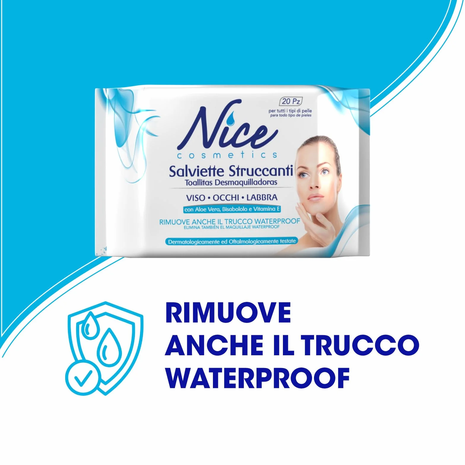 Nice Salviette Struccanti per Viso, Occhi e Labbra, con Aloe Vera, Bisabololo e Vitamina E, Dermatologicamente e Oftalmologicamente Testate, Confezione Tascabile da 20 Salviette