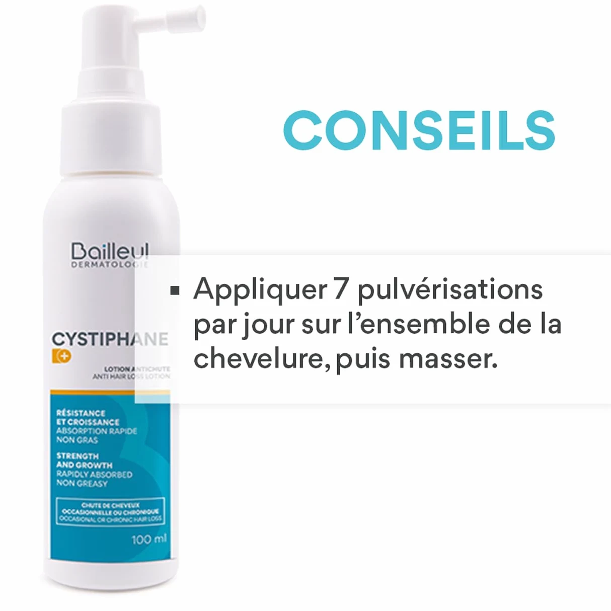 Bailleul | Cystiphane+ | Lozione Anti-Caduta | Caduta dei capelli (occasionale o cronica) | Rallenta la caduta | Stimola la crescita e aumenta il diametro del capello | Senza risciacquo | Spray 100 ml
