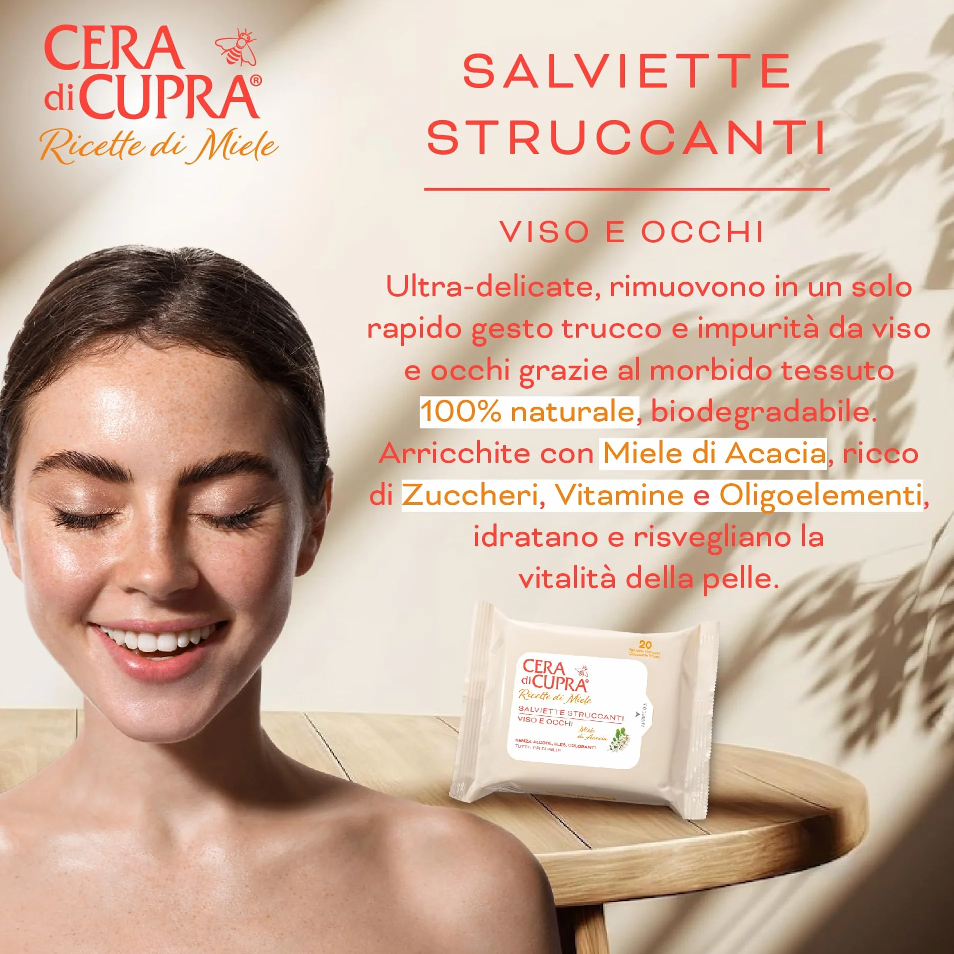 Cera di Cupra Salviette Struccanti 100% Naturale Biodegradabili Made in Italy 20 Pezzi