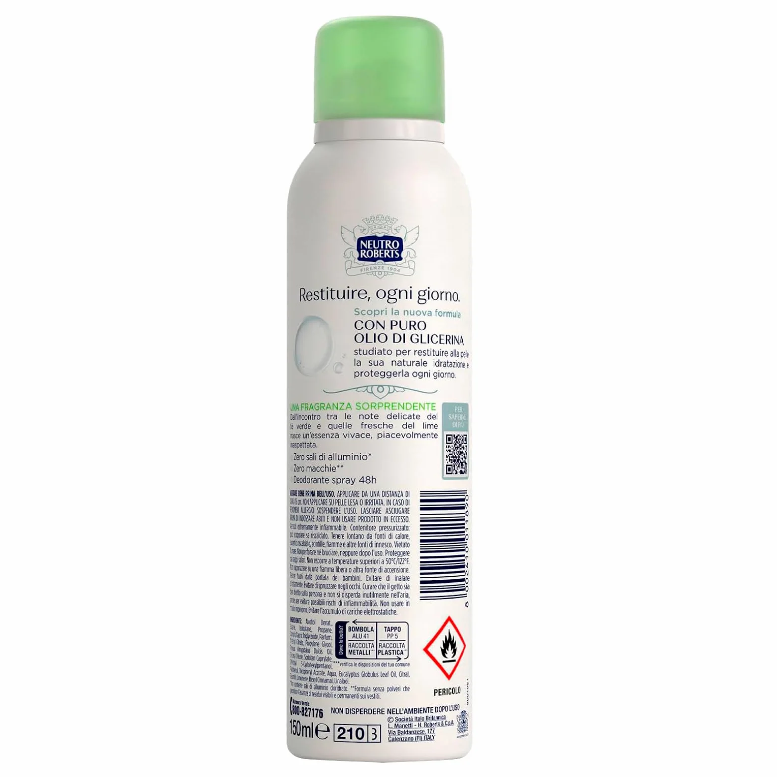 Neutro Roberts Deodorante Spray Fresco Tè Verde e Lime 48h Senza Sali di Alluminio per la Naturale Traspirazione della Pelle Formula Senza Polveri Non Lascia Macchie sui Vestiti - 8 Flaconi da 150ml