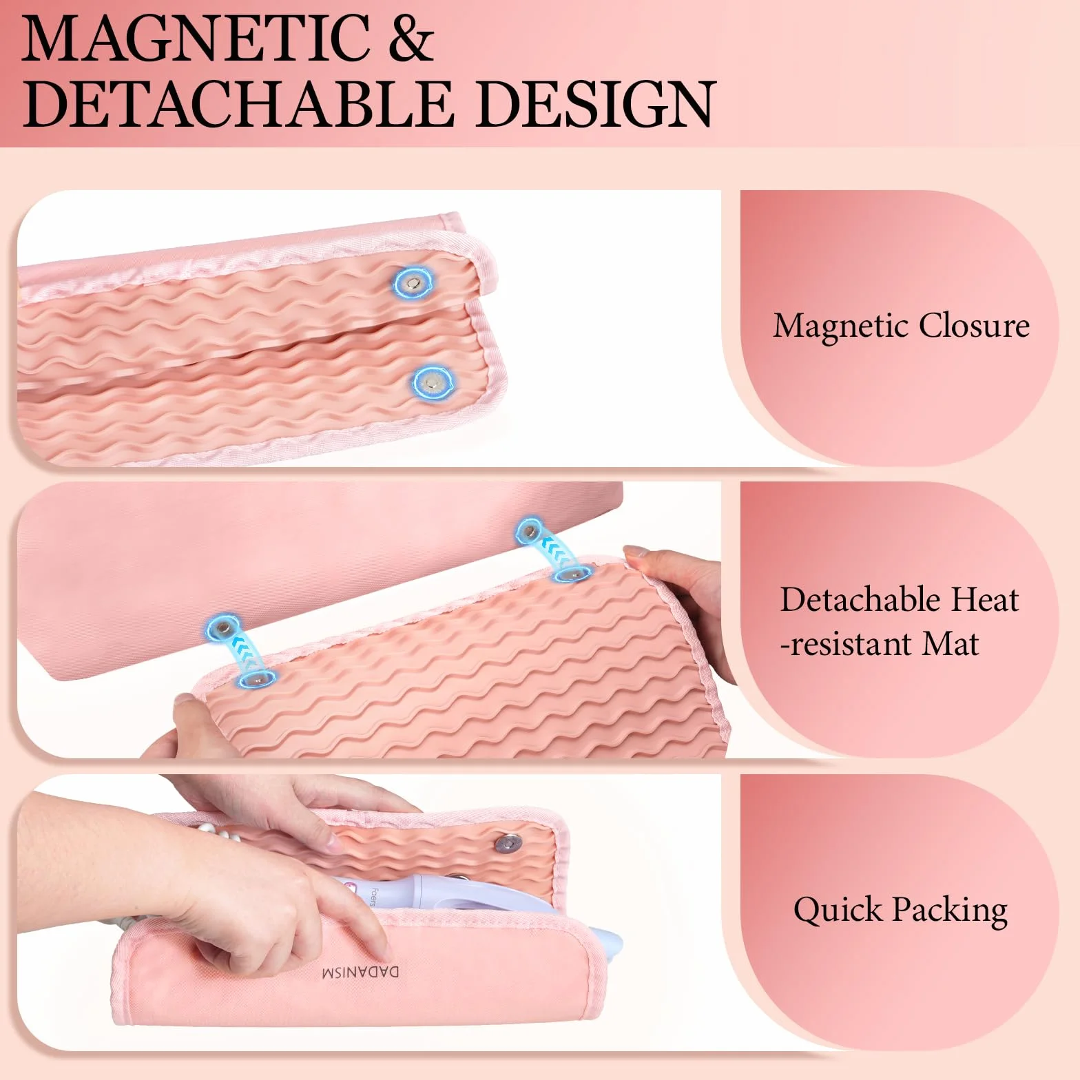 Dadanism Kit per Parrucchieri, Borsa da Viaggio per Strumenti per Capelli con Tappetino Termoresistente Rimovibile, Organizzatore 2 in 1 per Arricciacapelli, Piastra e Accessori da Donna, Rosa