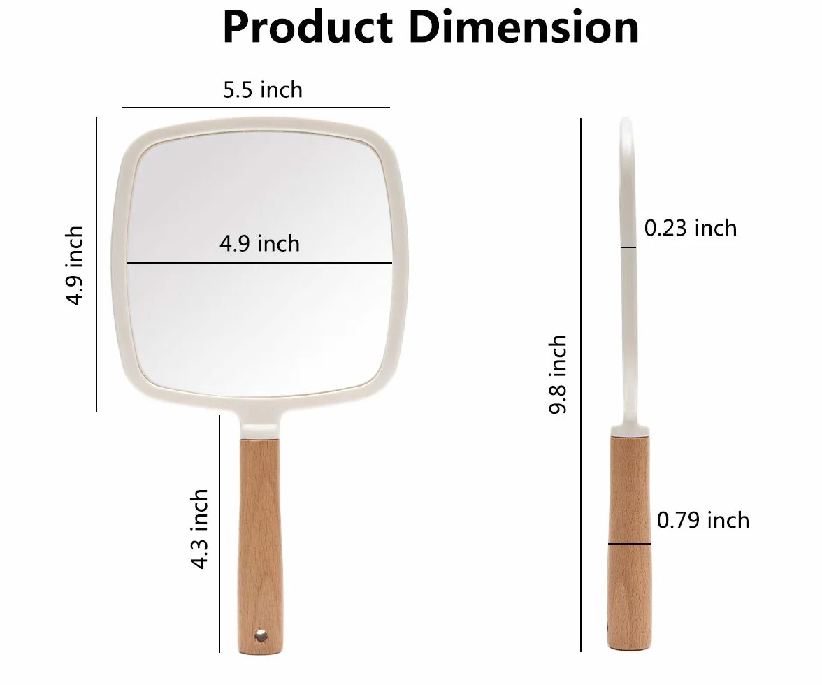 YEAKE Specchio a mano con manico per trucco, piccolo specchio in legno carino per rasatura con foro da appendere su un lato, portatile, da viaggio, per uomini e donne (quadrato)