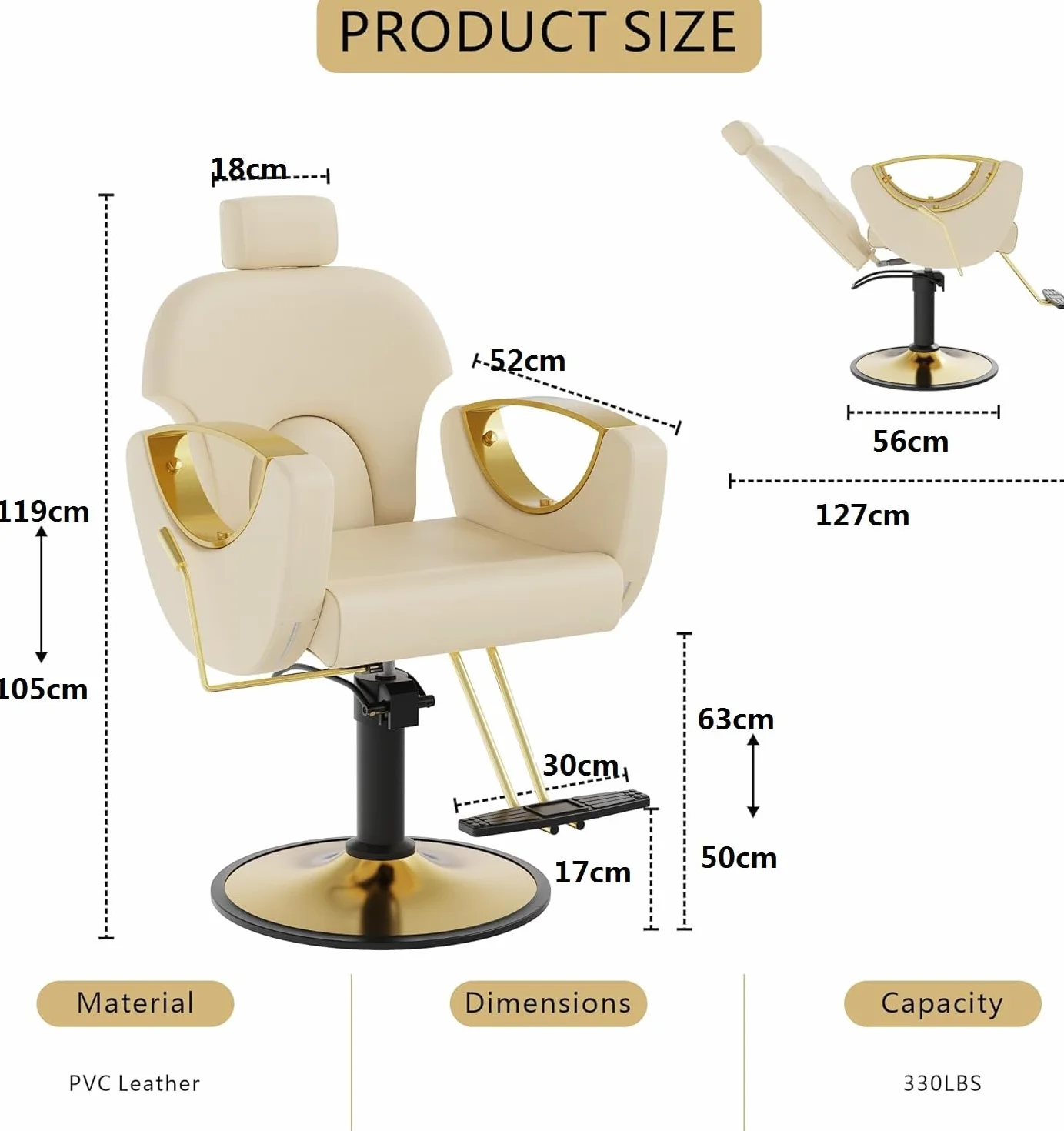 Poltrona da Parrucchiere Sedia da Barbiere Reclinabile 90°-135° con Regolabile Poggiatesta Schienale Altezza,Girevole a 360°,per Parrucchiere Salone di Bellezza Tatuaggi (Beige)