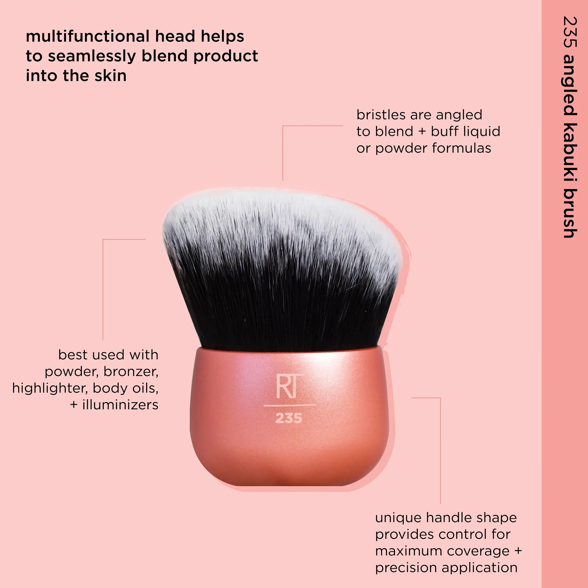 Real Techniques Pennello Kabuki angolato, per l'applicazione di bronzer o fondotinta, frullatore per trucco senza mani, setole sintetiche, manico in alluminio, vegano e cruelty-free, arancione, 1